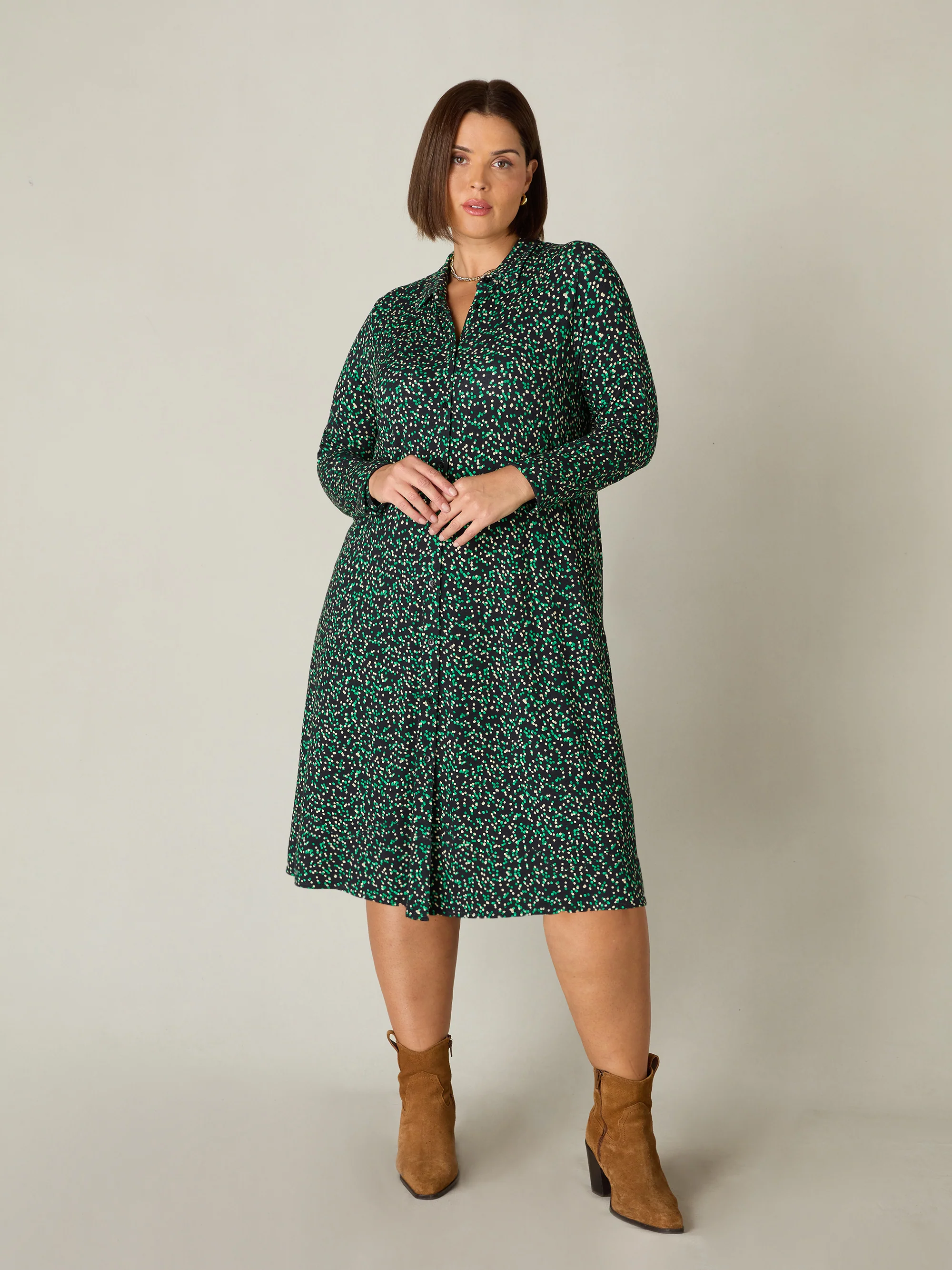 Green Spot Print Jersey Relaxed Shirt Dress