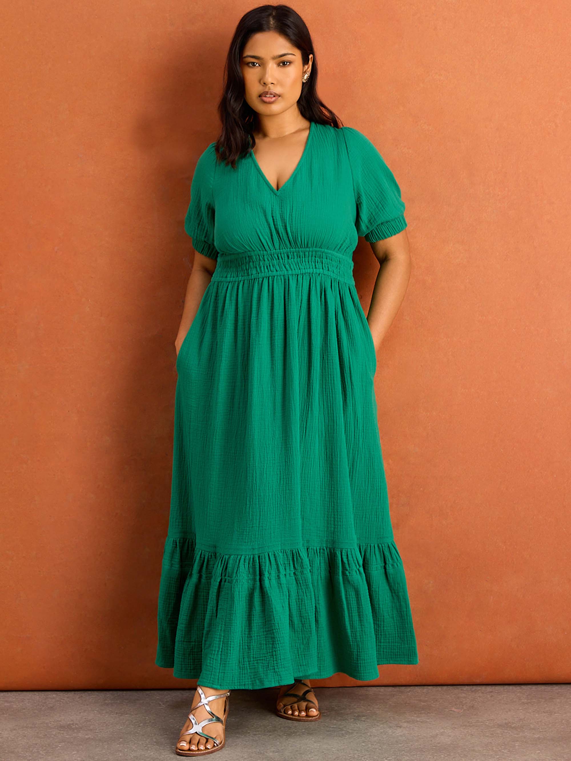 Green Cheesecloth V Neck Maxi Dress