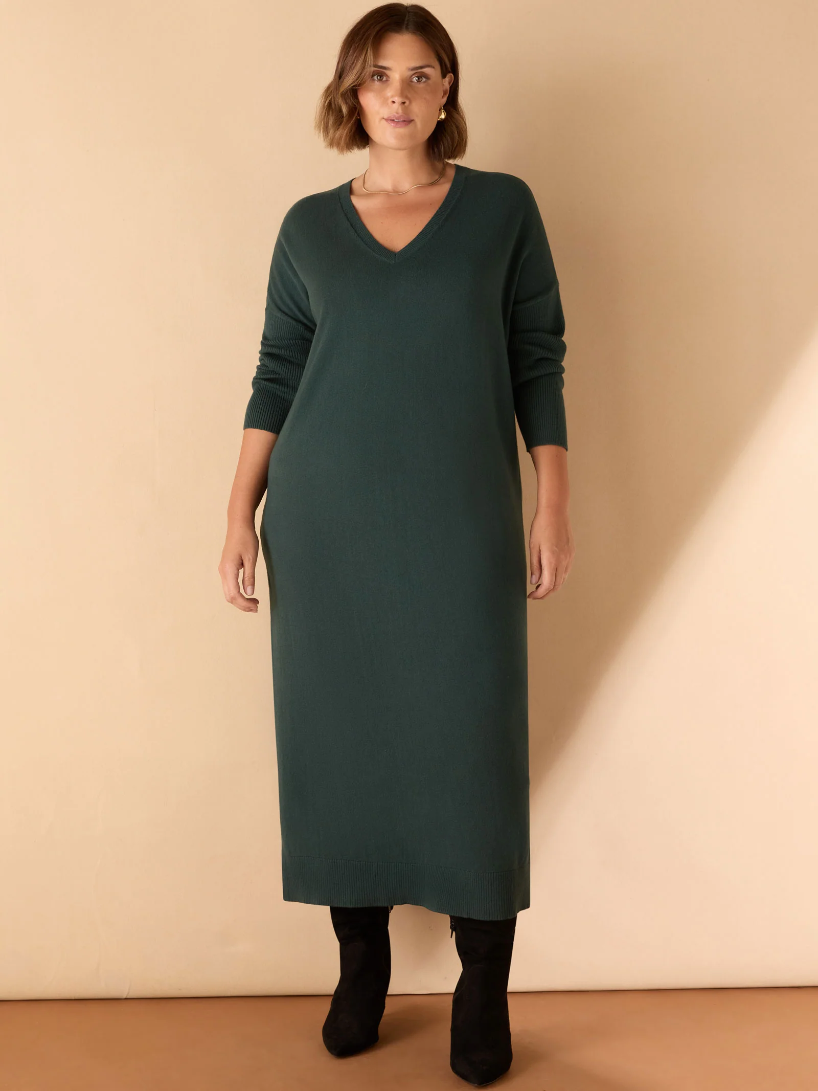 Green V Neck Knit Jumper Dress
