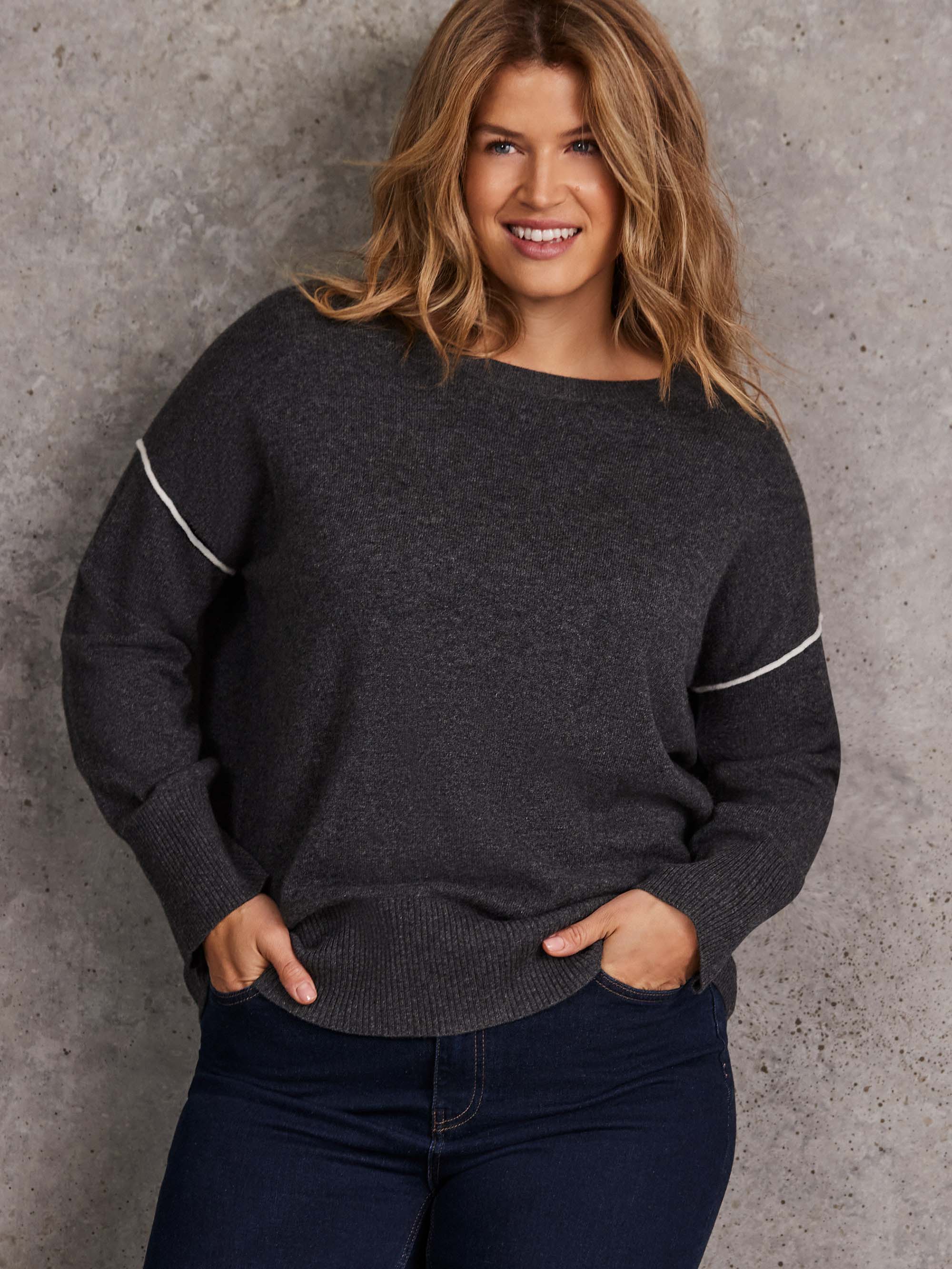 Grey Seam Detail Round Neck Jumper With Cashmere