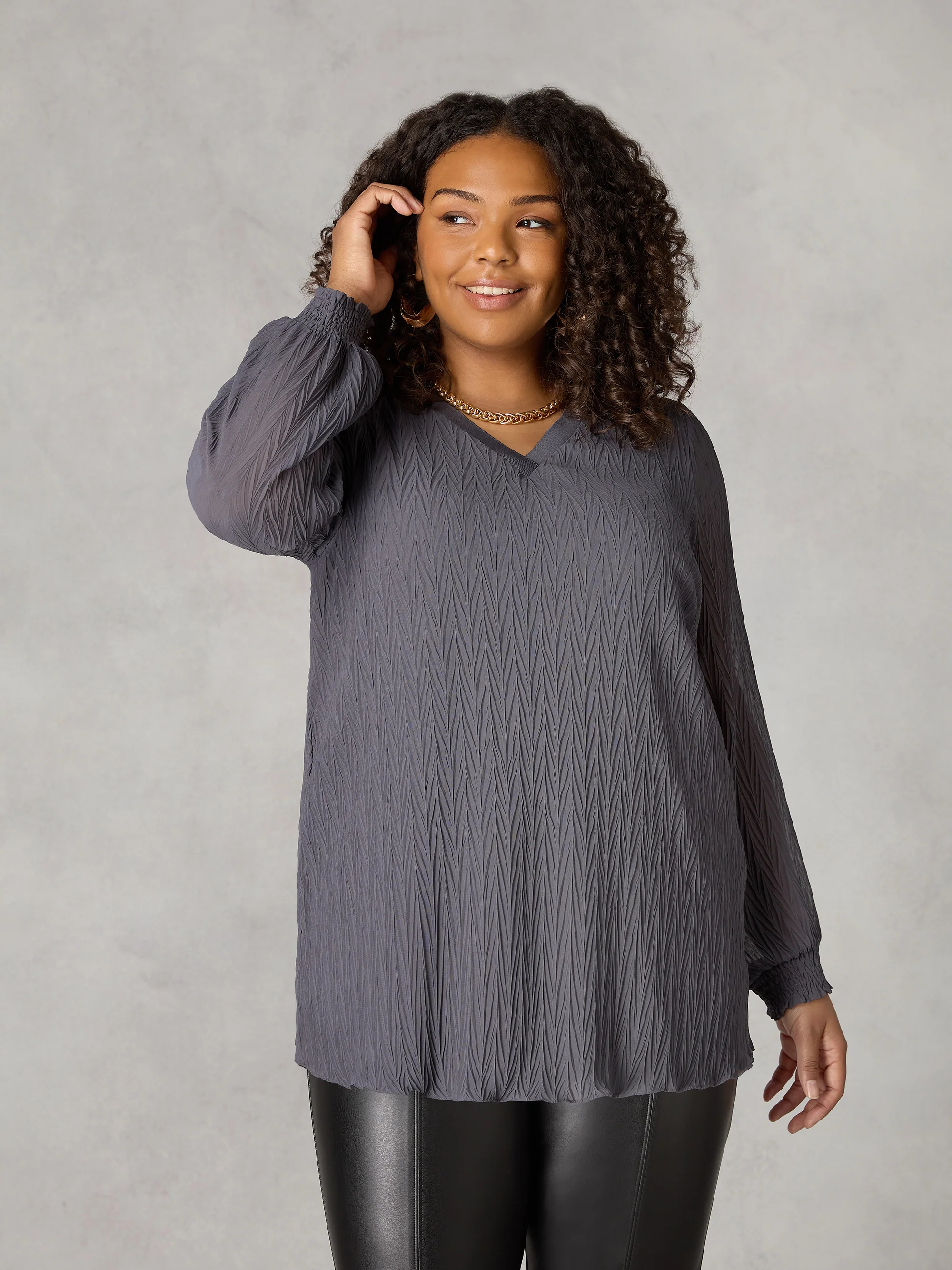 Grey Textured Rib Trim Blouse - Image 2