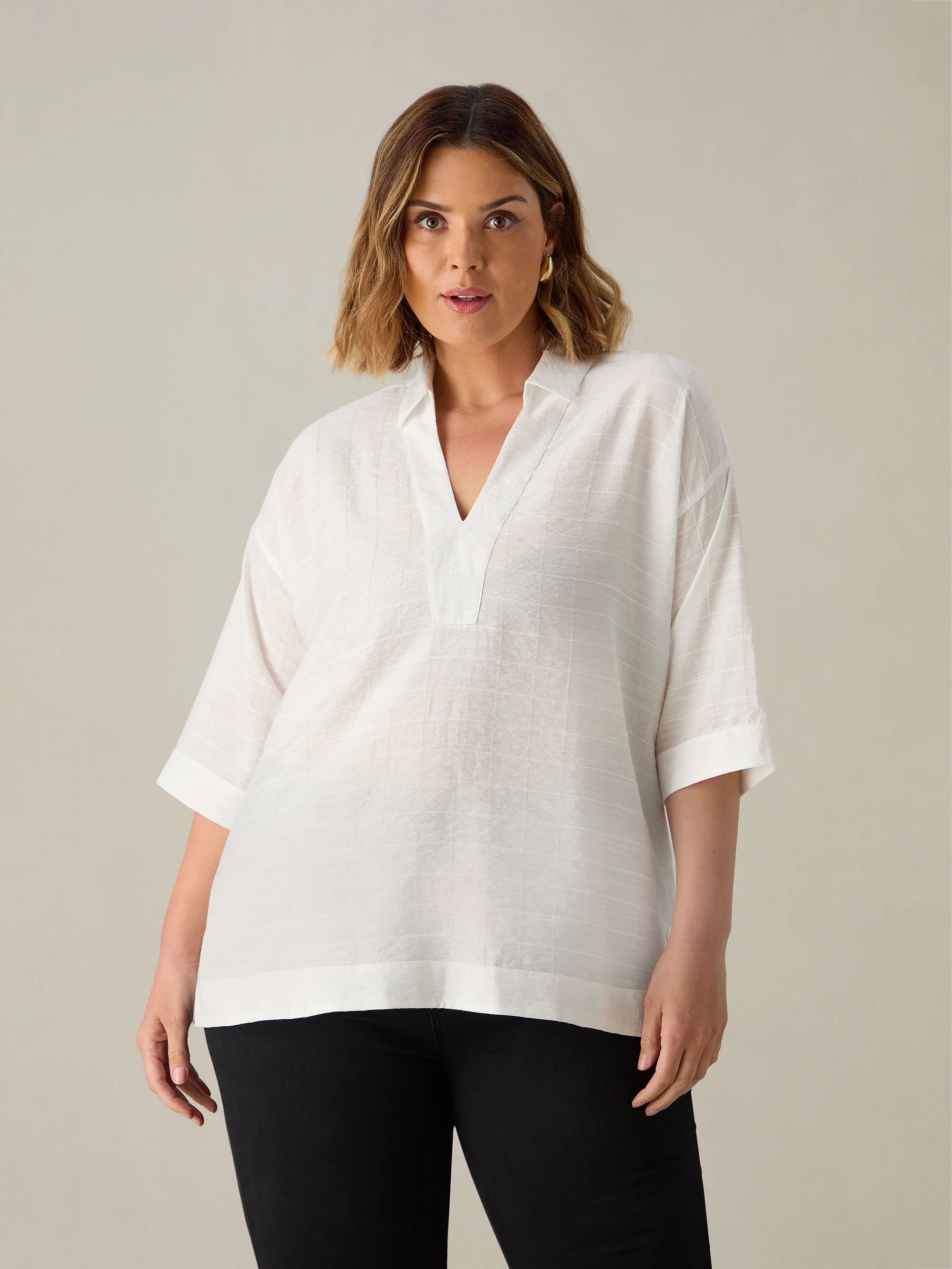 Ivory Textured V-Neck Blouse