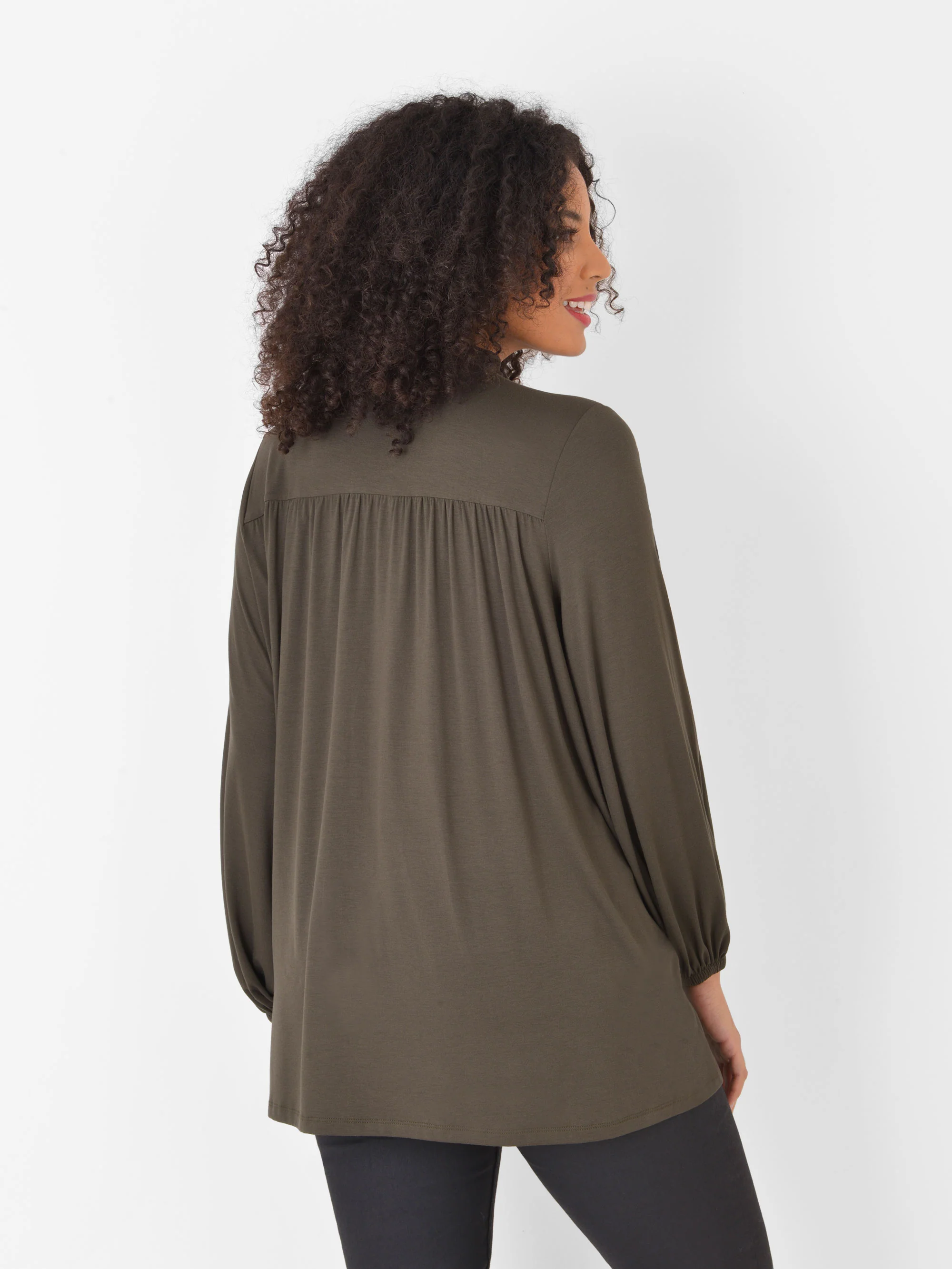 Khaki Jersey Tie Neck Detail Top - Image 2