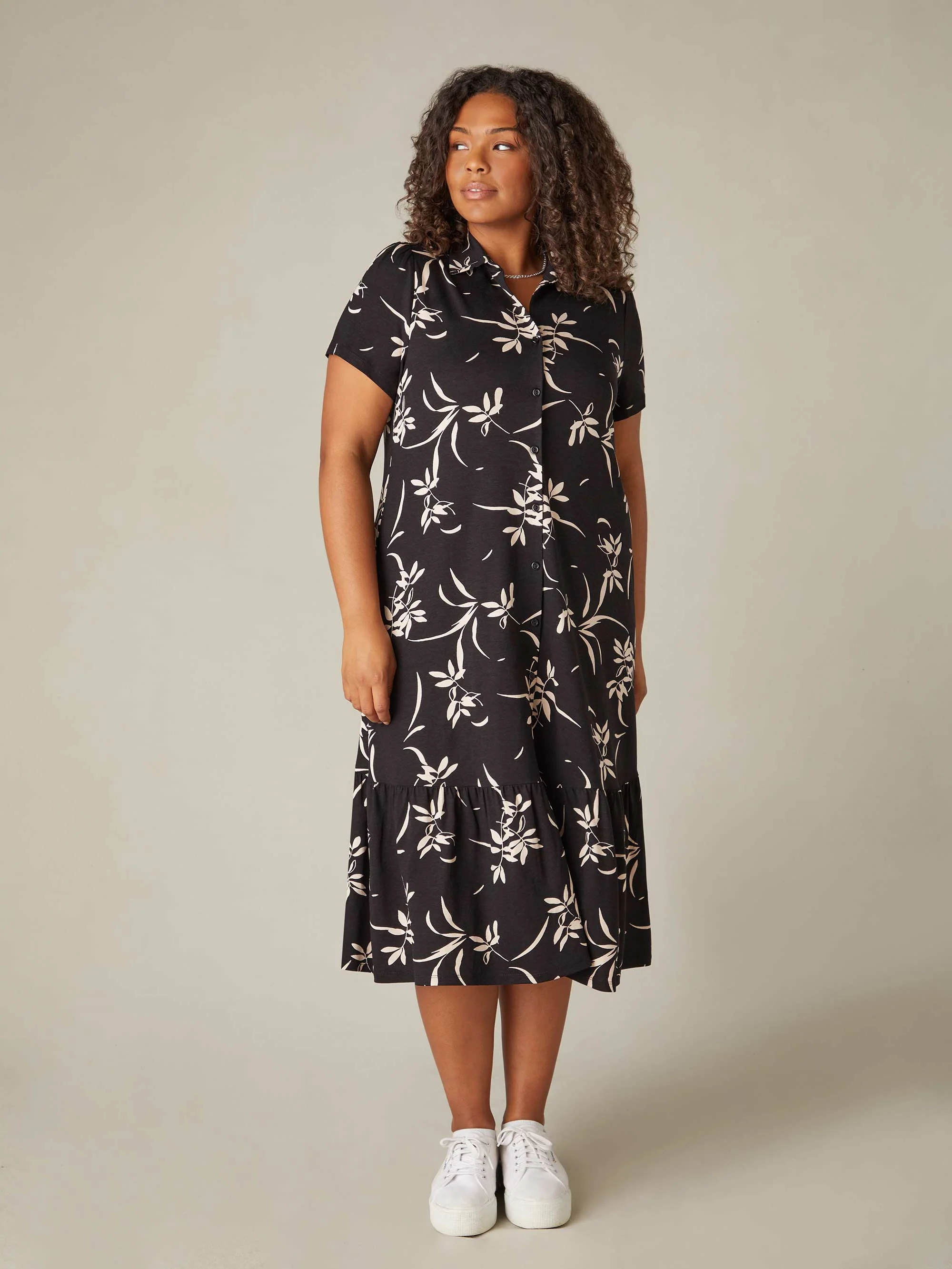 Mono Floral Print Jersey Tiered Midi Shirt Dress