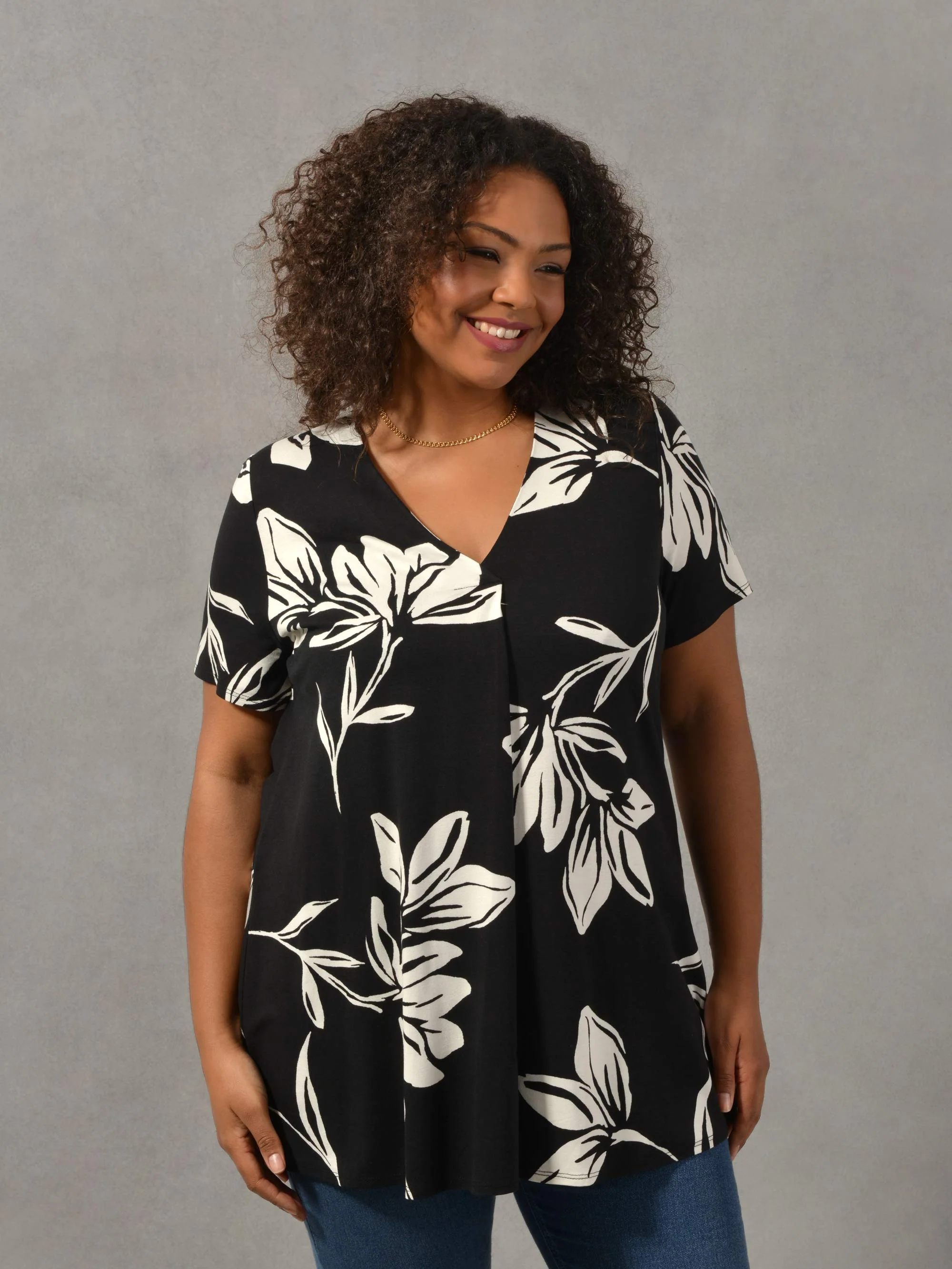 Mono Floral Print Pleat Front Jersey Top