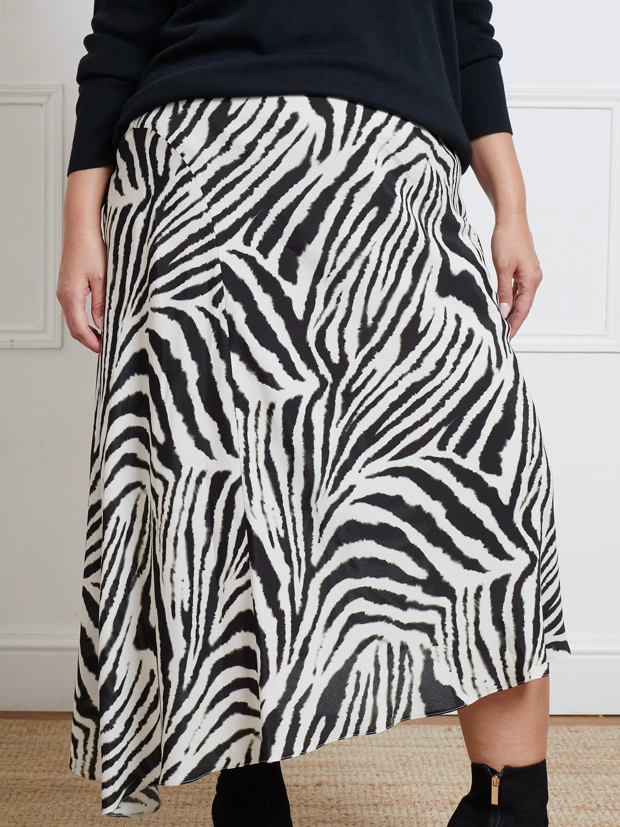 Mono Zebra Print Asymmetric Midi Skirt - Image 2