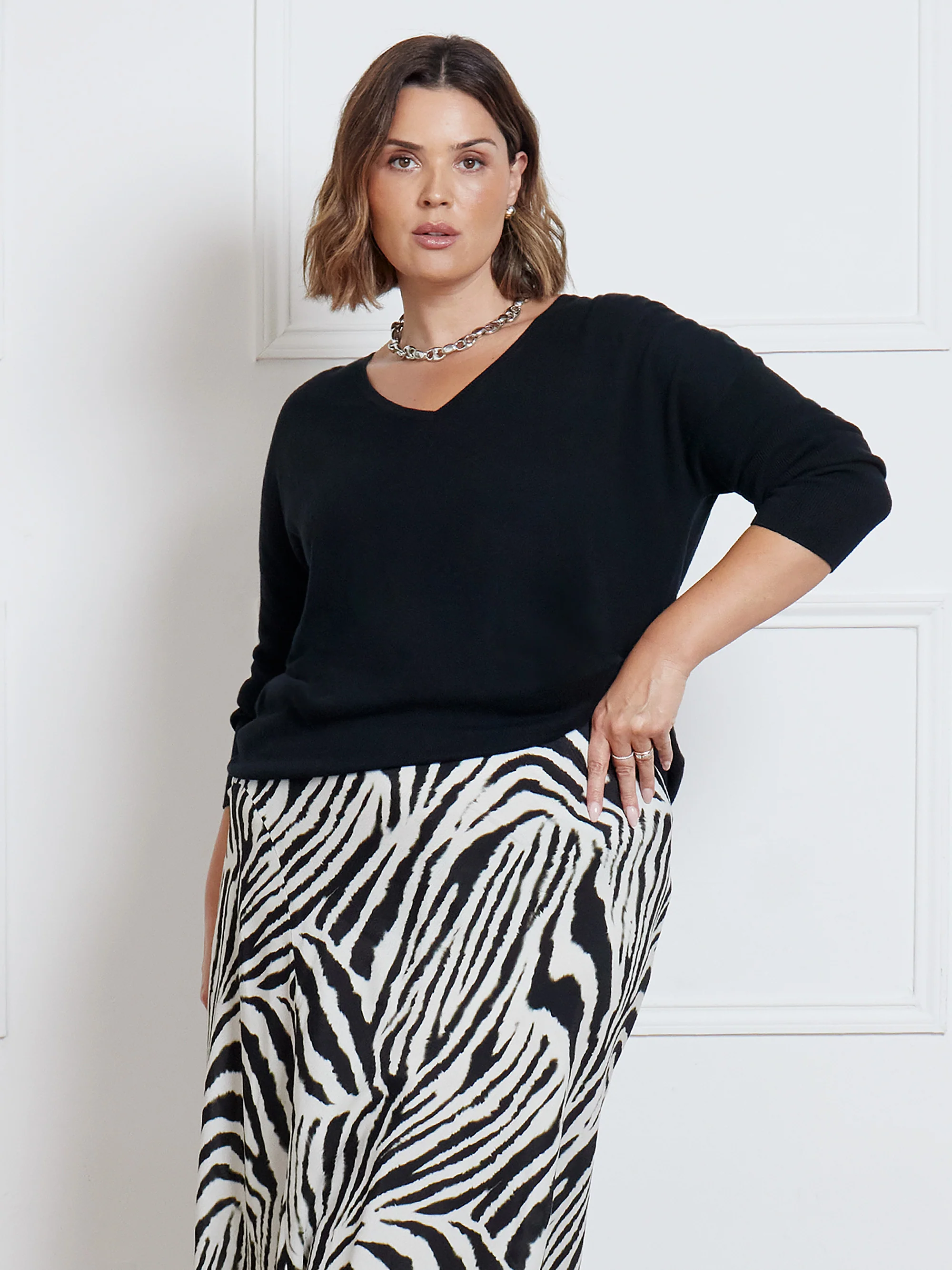 Mono Zebra Print Asymmetric Midi Skirt - Image 3