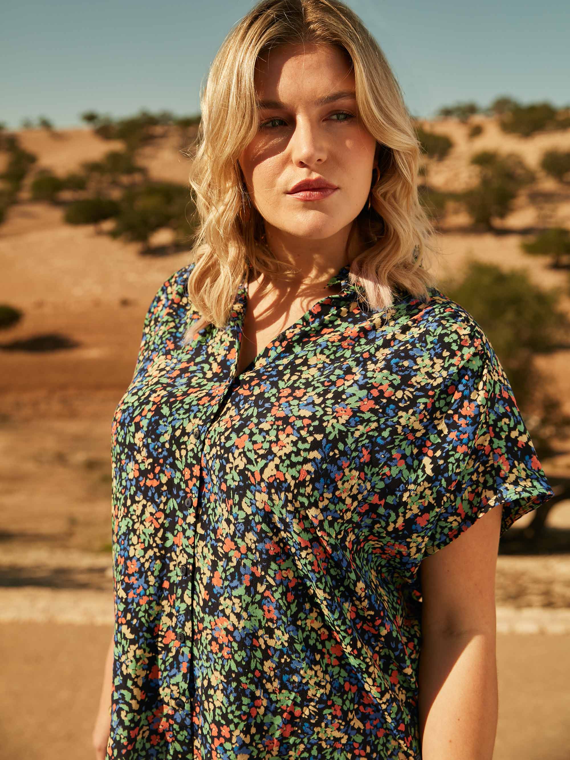 Multi Ditsy Frill Collar Sleeveless Blouse