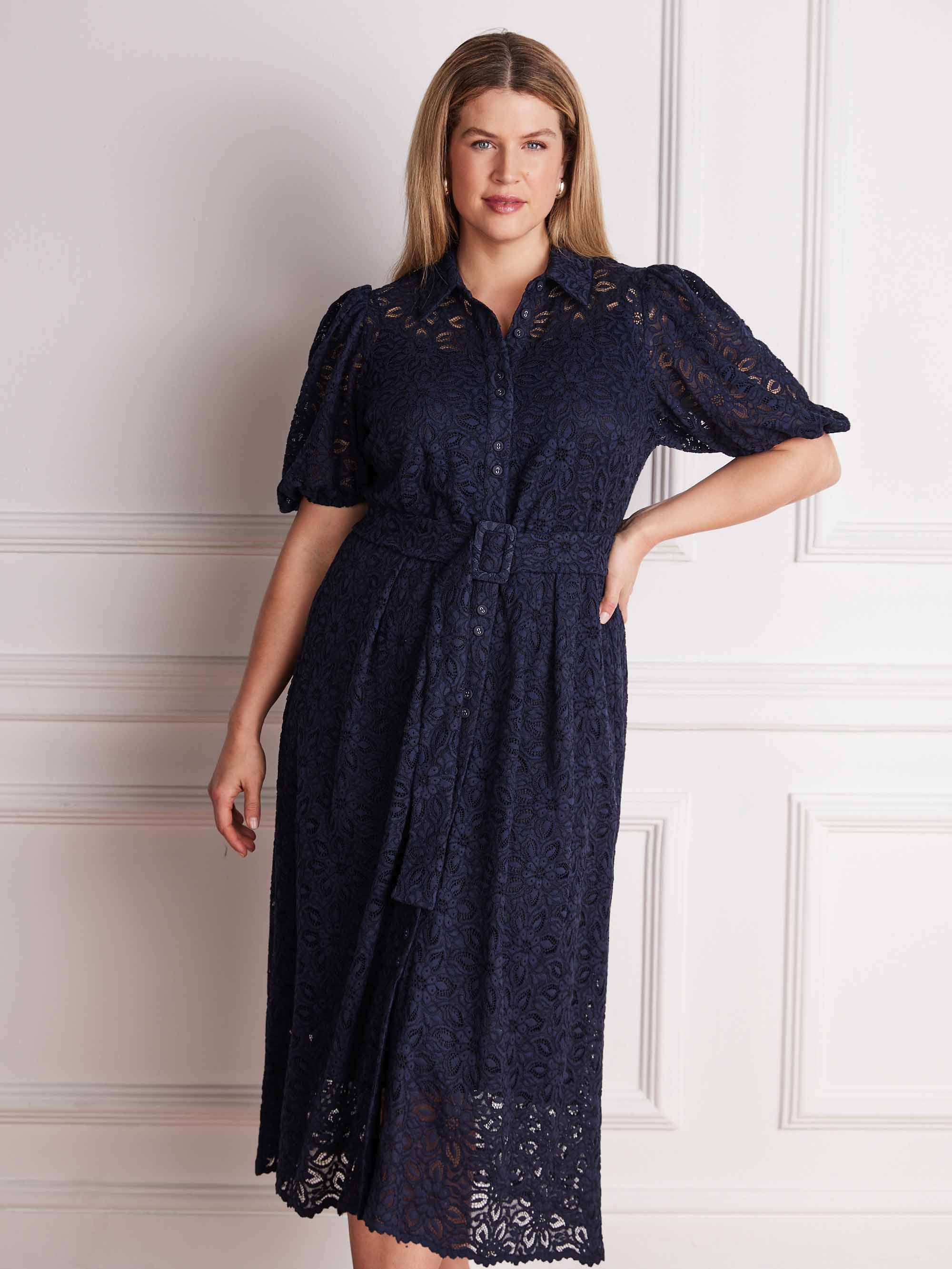 Navy Blue Puff Sleeve Button Through Belted Lace Dress