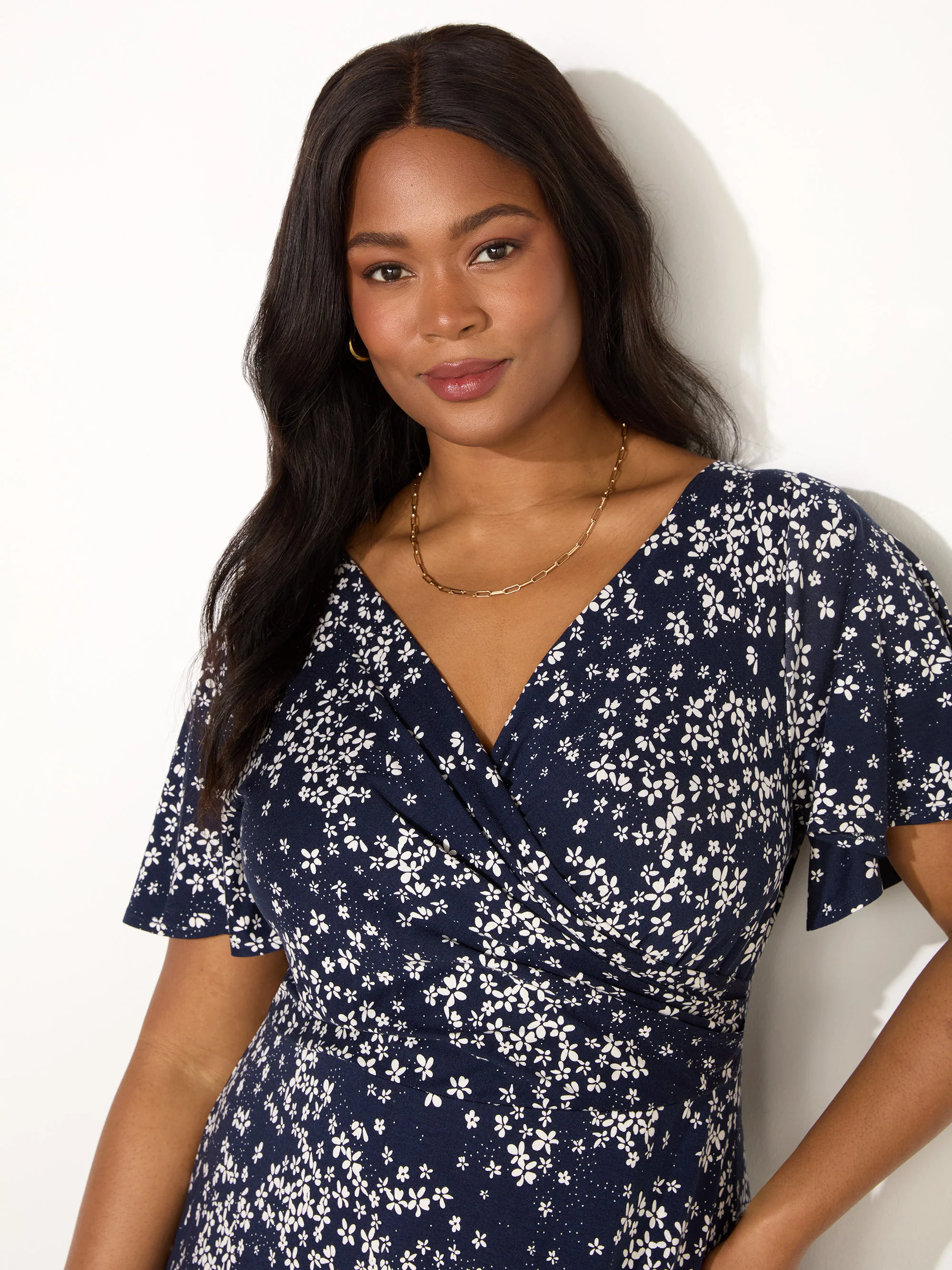Navy Ditsy Jersey Flutter Sleeve Wrap Dress - Image 5
