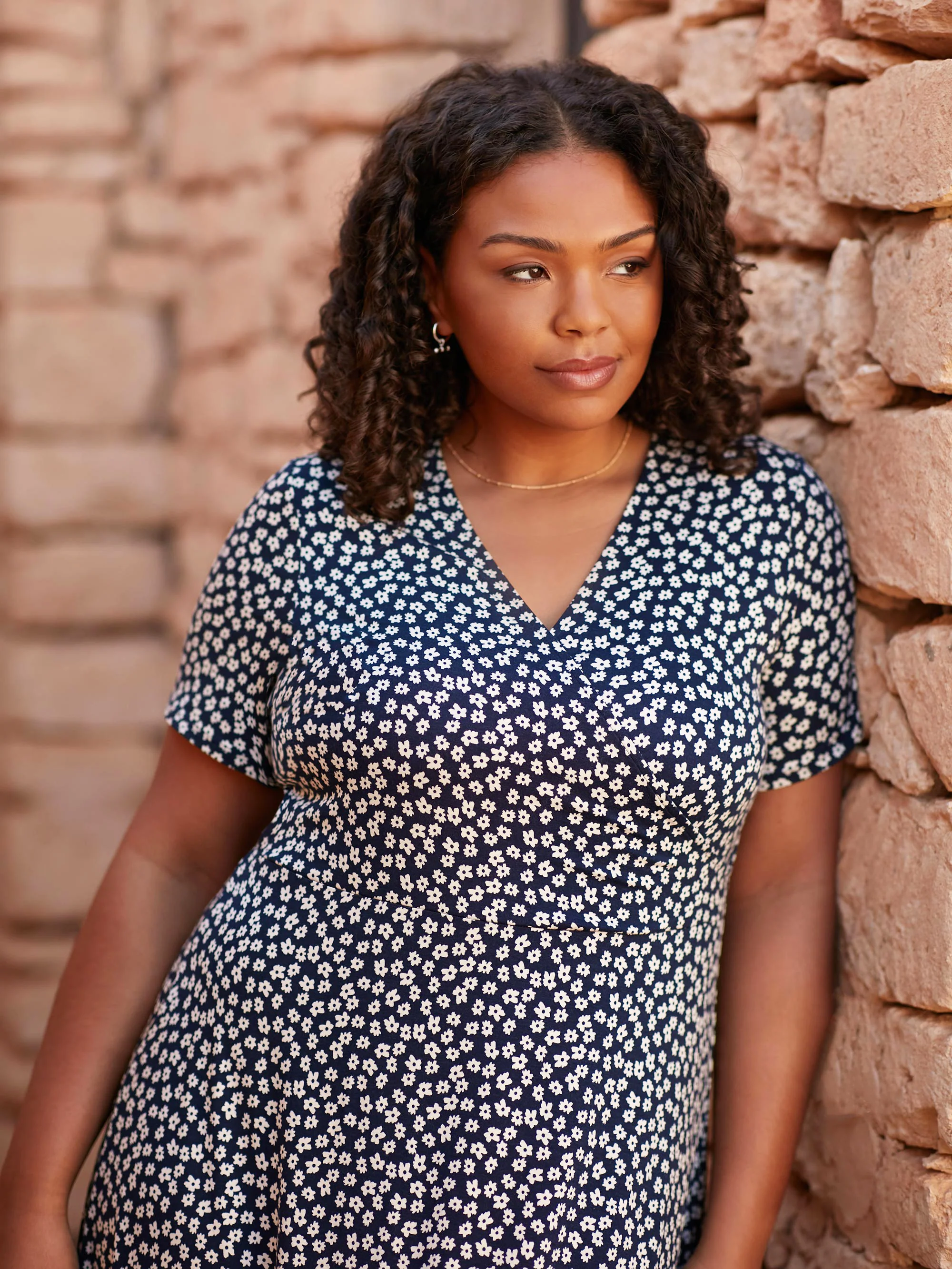 Navy Ditsy Print Jersey Wrap Midi Dress