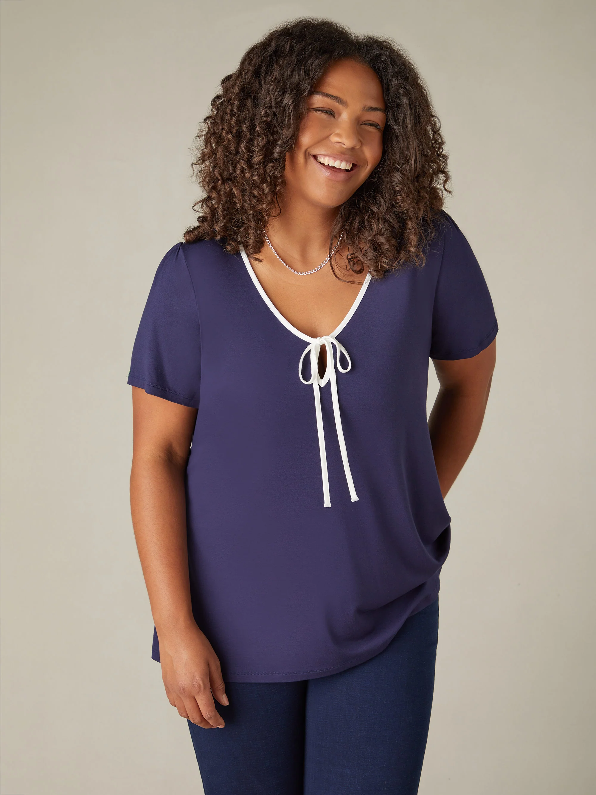 Navy Jersey Contrast Tie Top