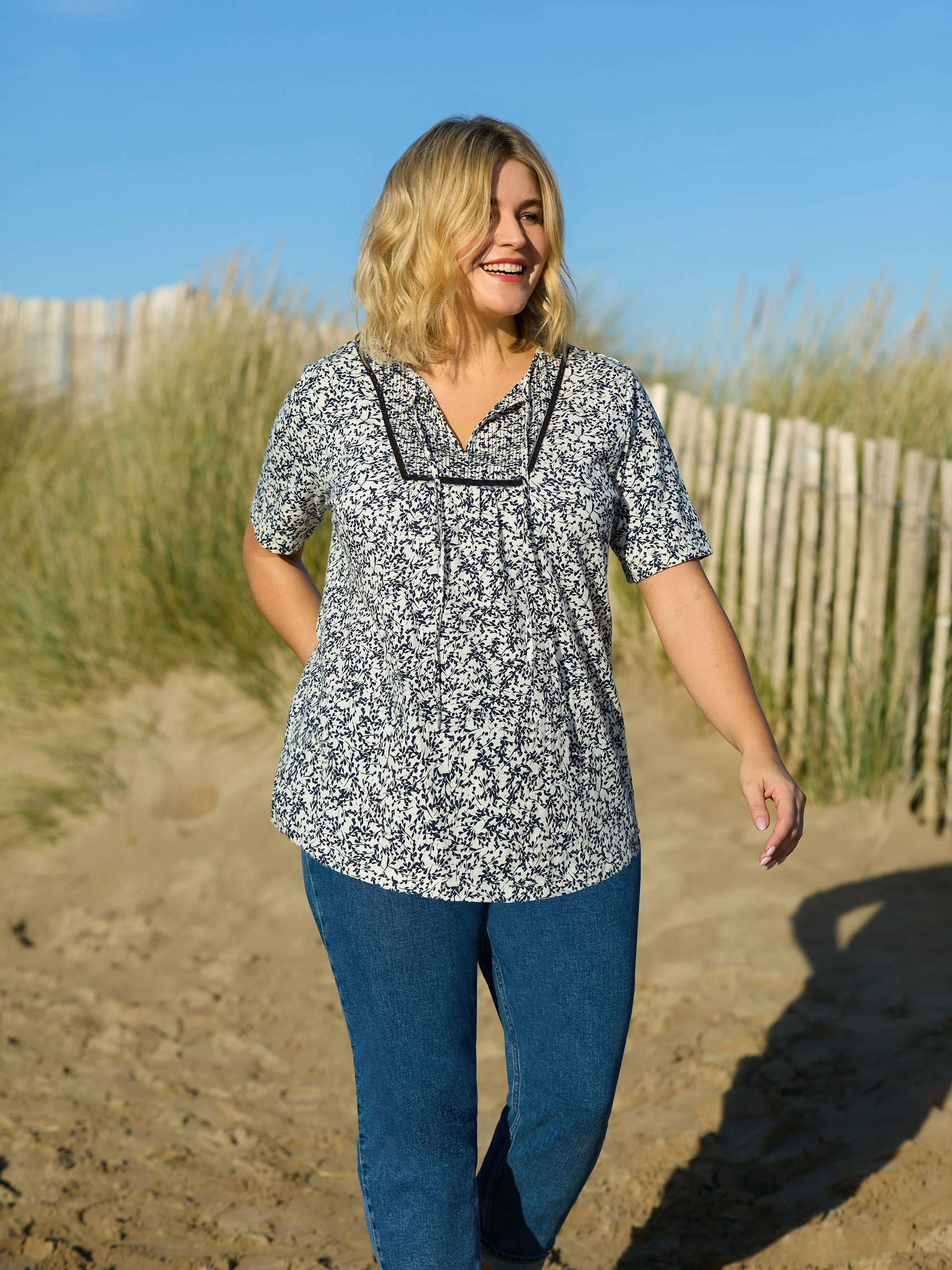 Navy Print Cotton Slub Bib Tunic