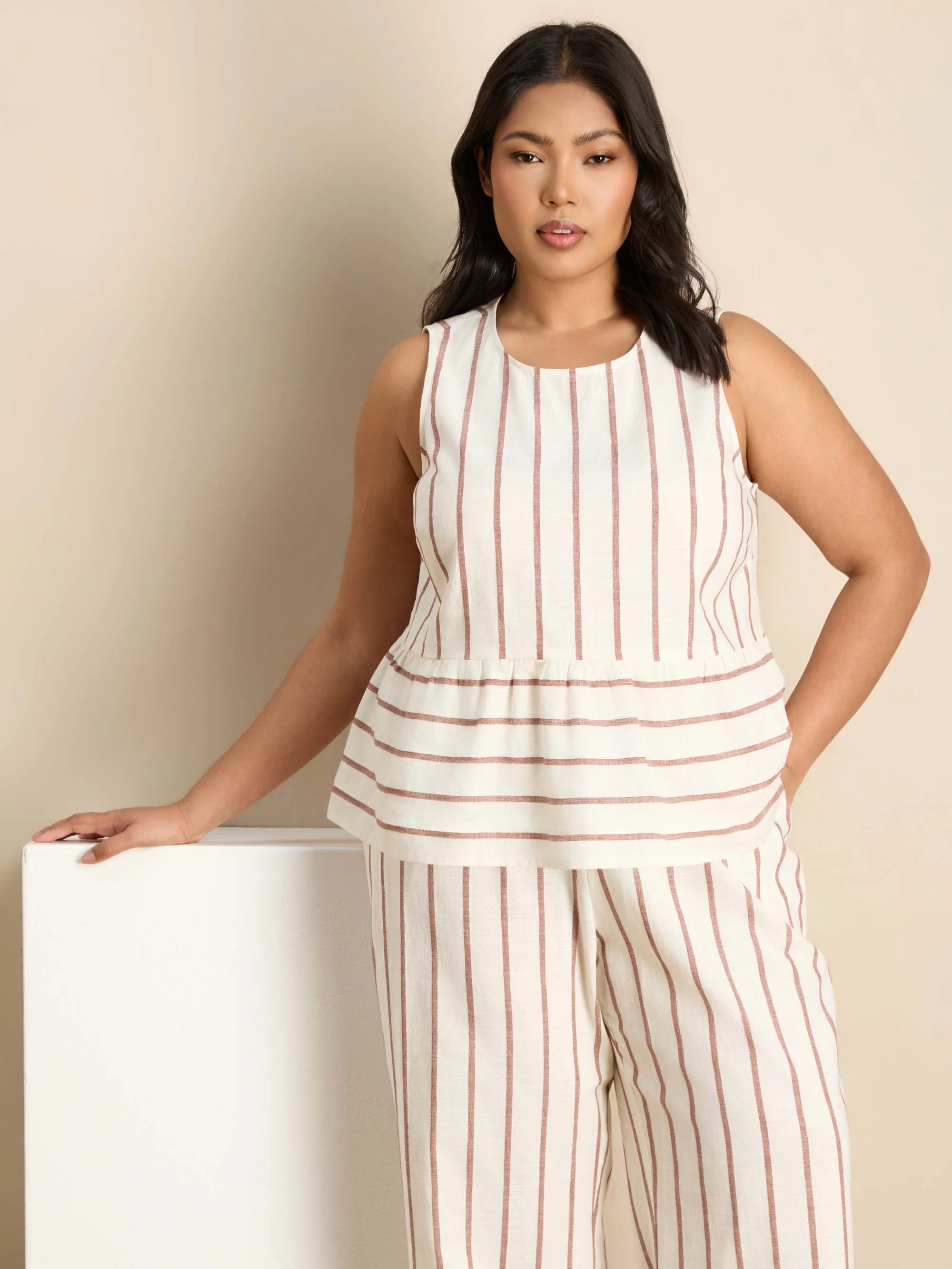 Oatmeal Striped Linen Blend Peplum Top - Image 5