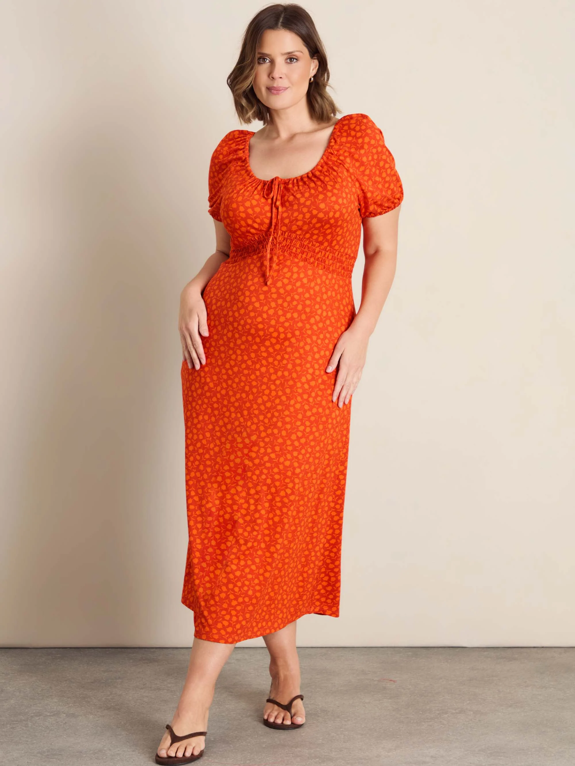Orange Floral Print Gathered Neck Midaxi Dress - Image 2