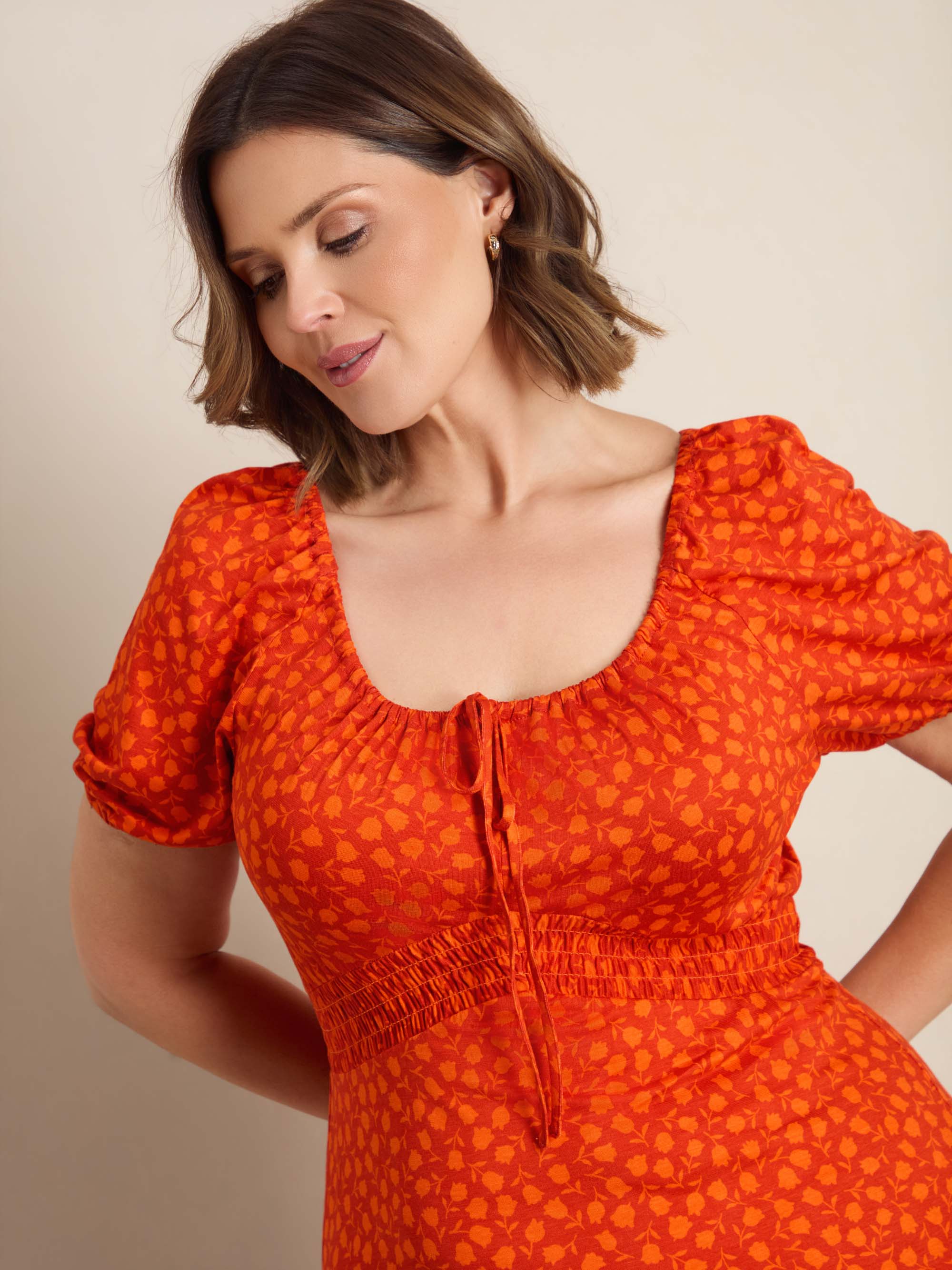 Orange Floral Print Gathered Neck Midaxi Dress - Image 3