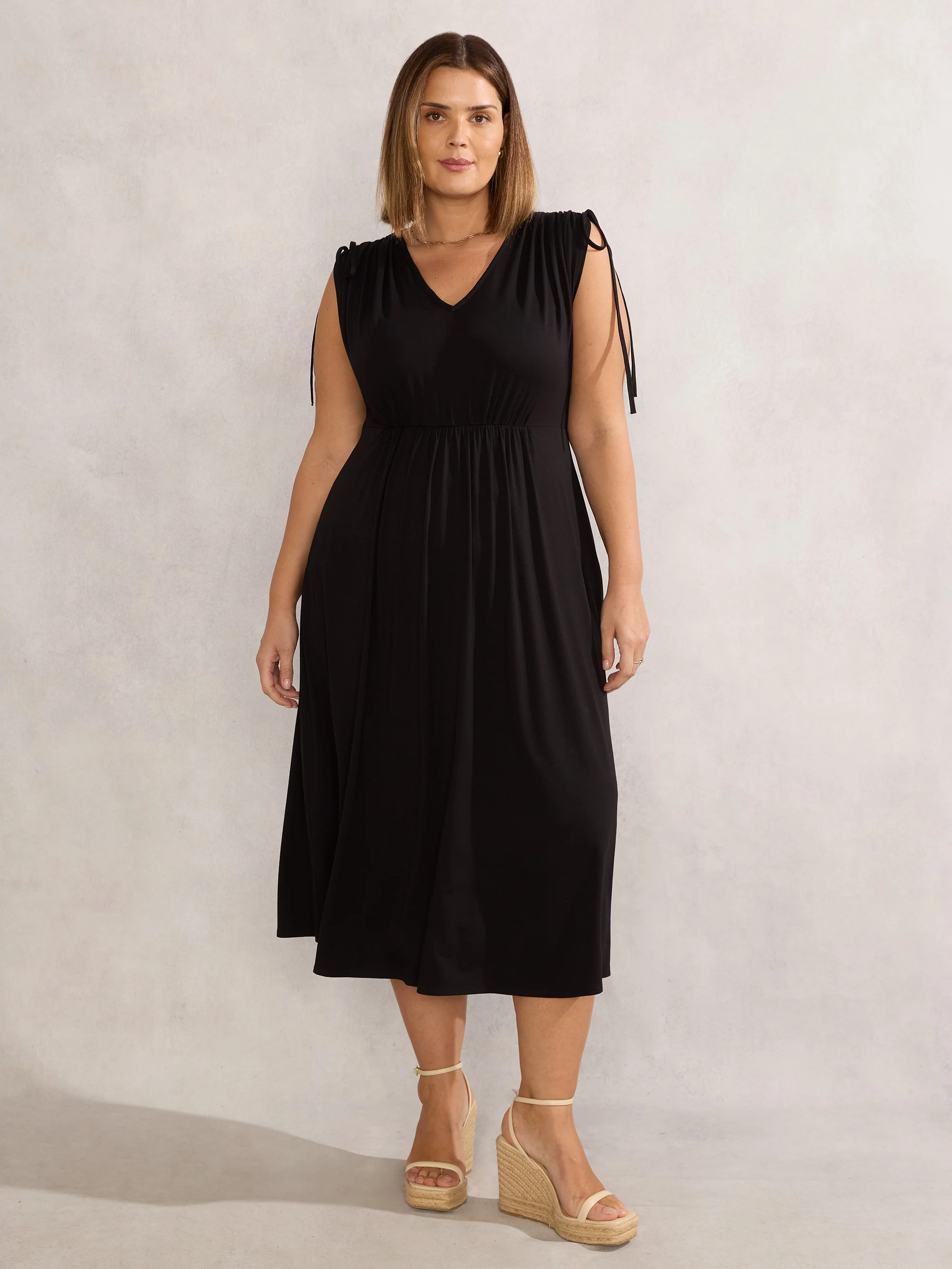 Petite Black Drawstring Short Sleeve Dress