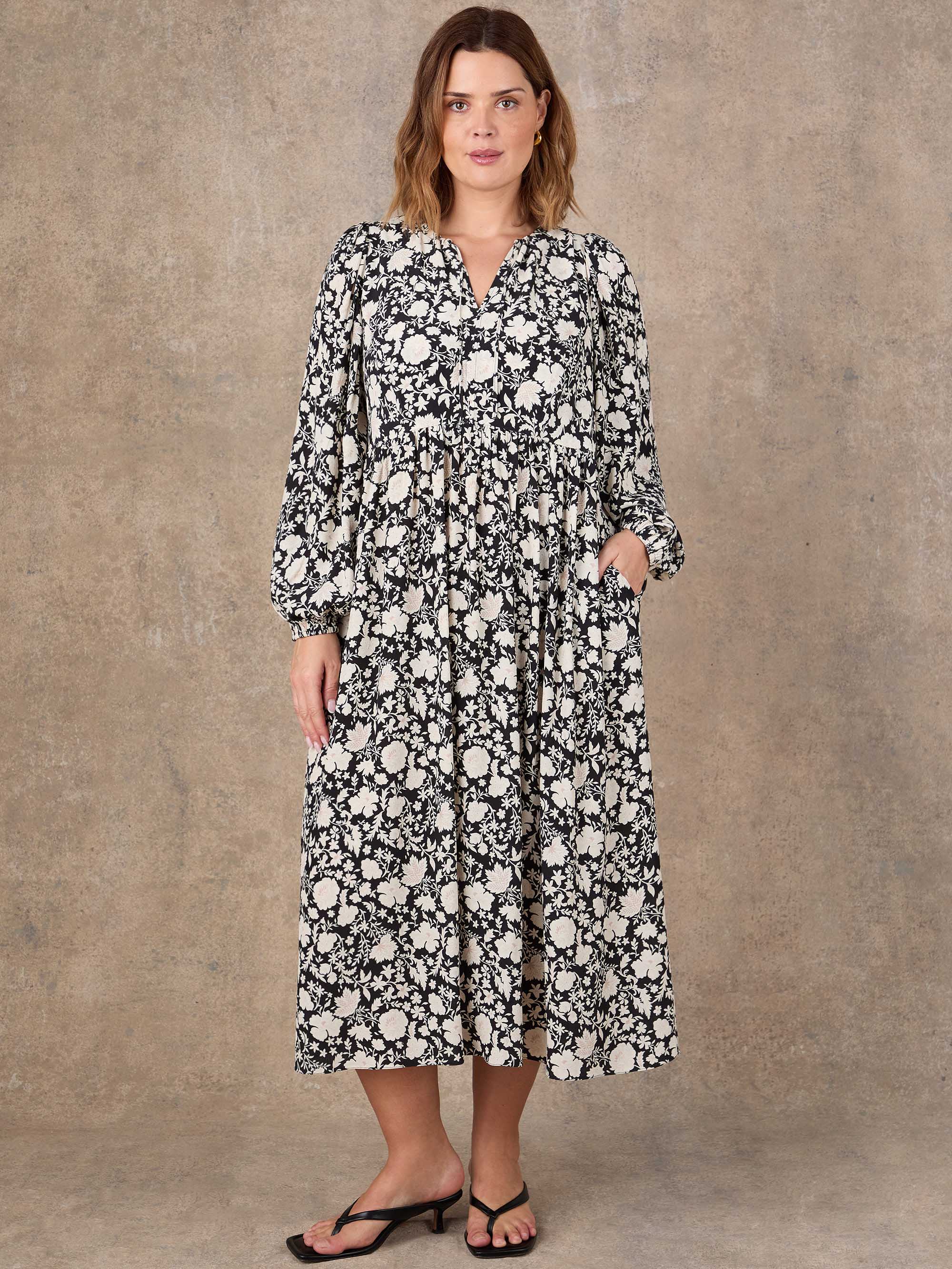 Black Floral Print Tie Neck Midaxi Dress - Image 3