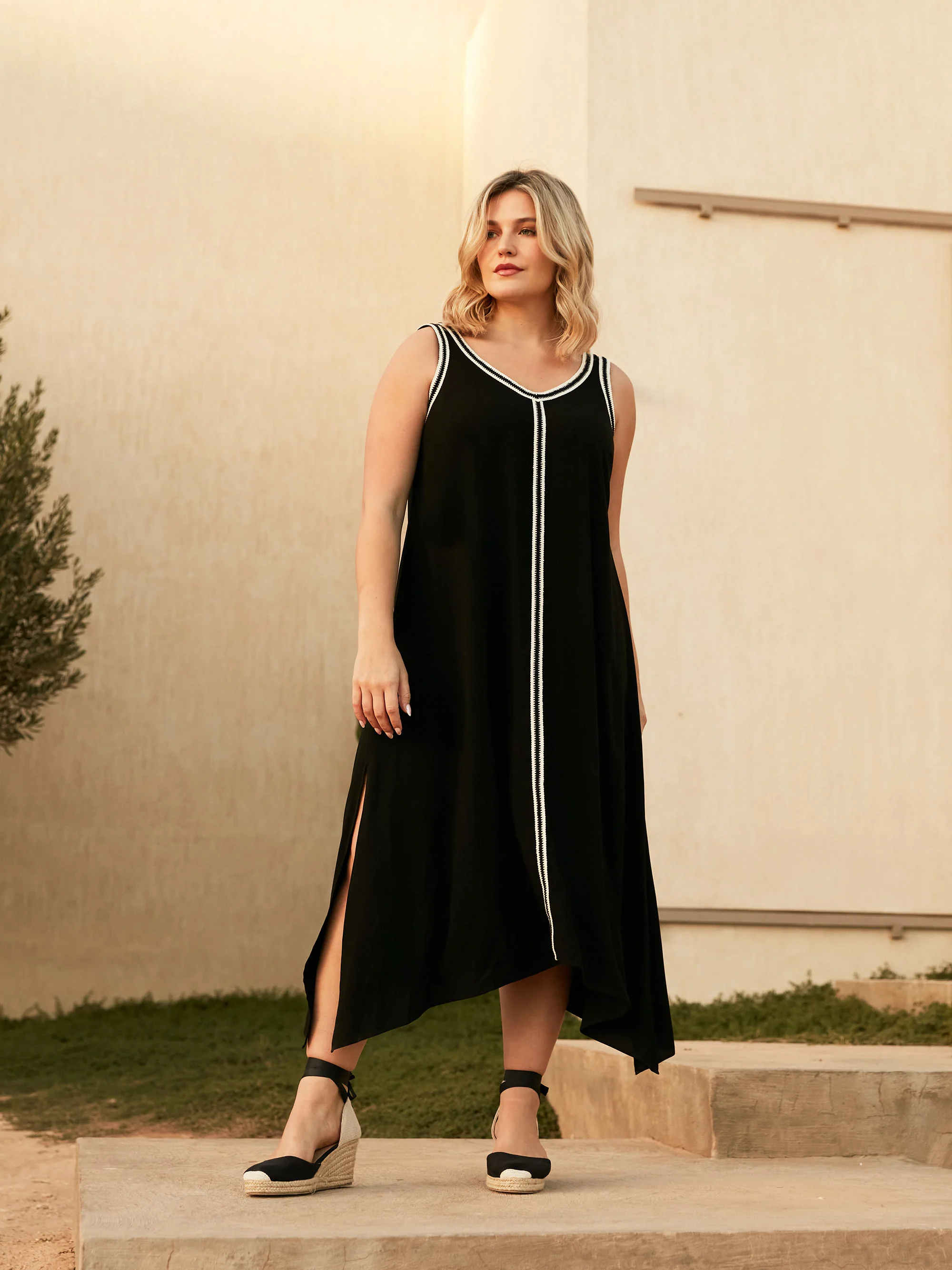 Petite Black Knit Trim Hanky Hem Dress