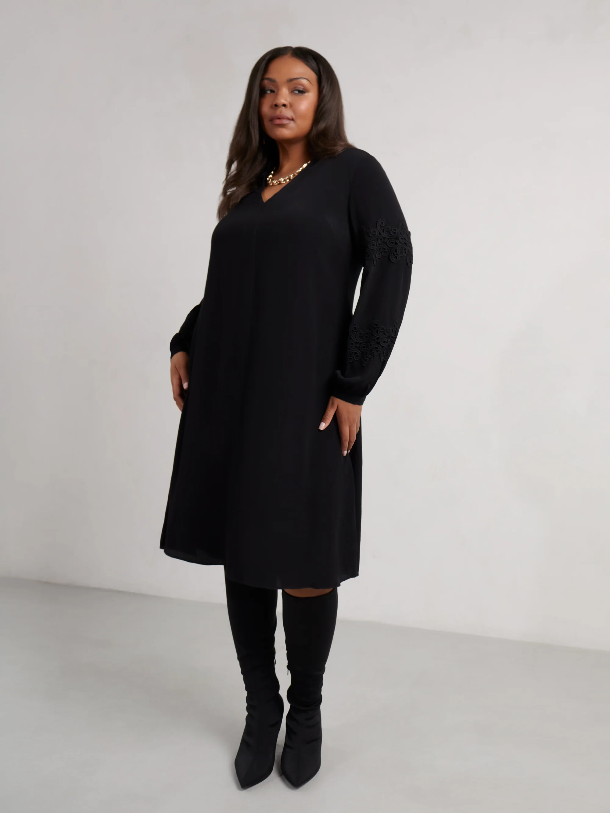 Petite Black Lace Detail Long Sleeve Dress - Image 7