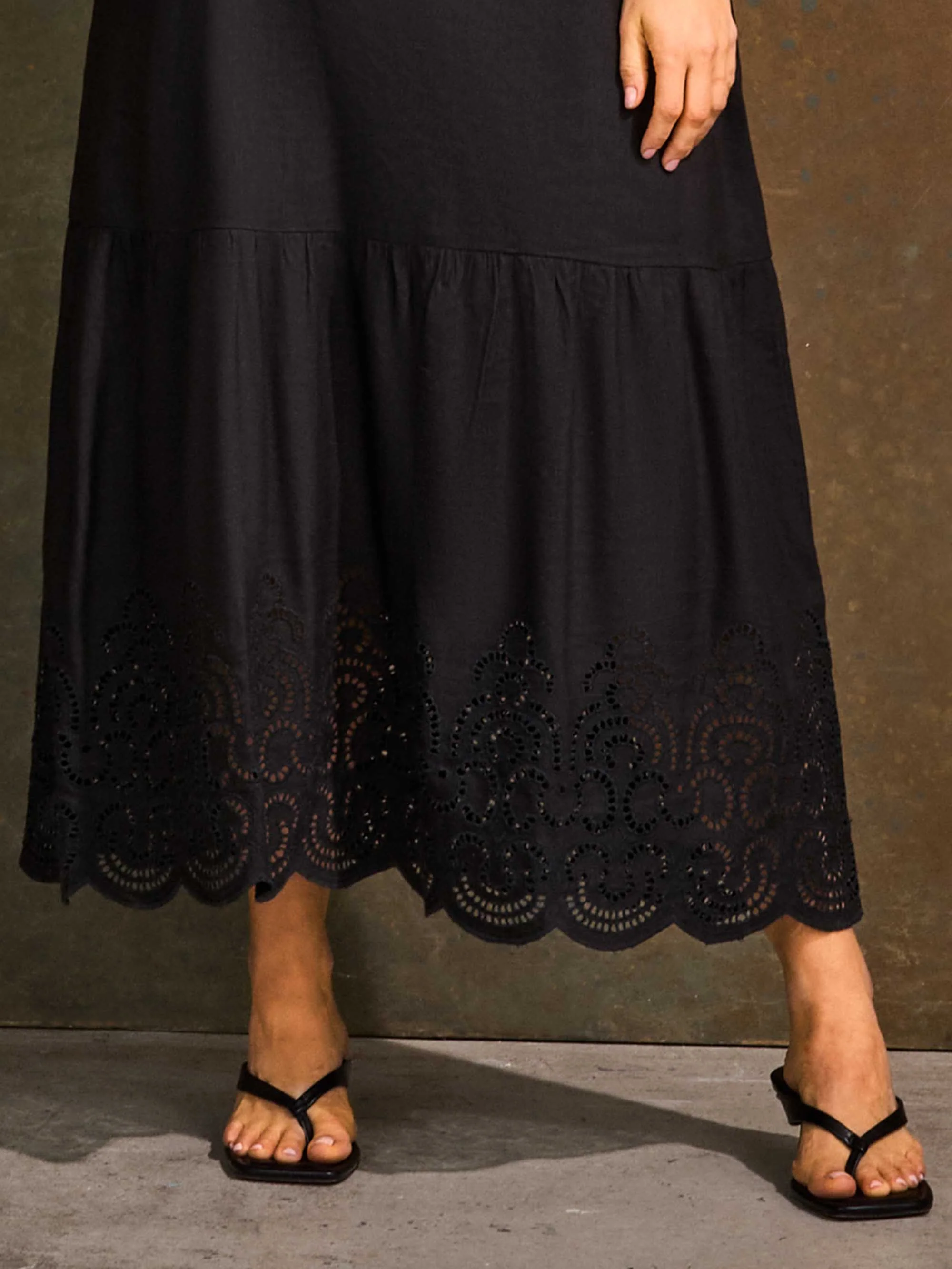 Petite Black Linen Blend Broderie Maxi Dress - Image 5
