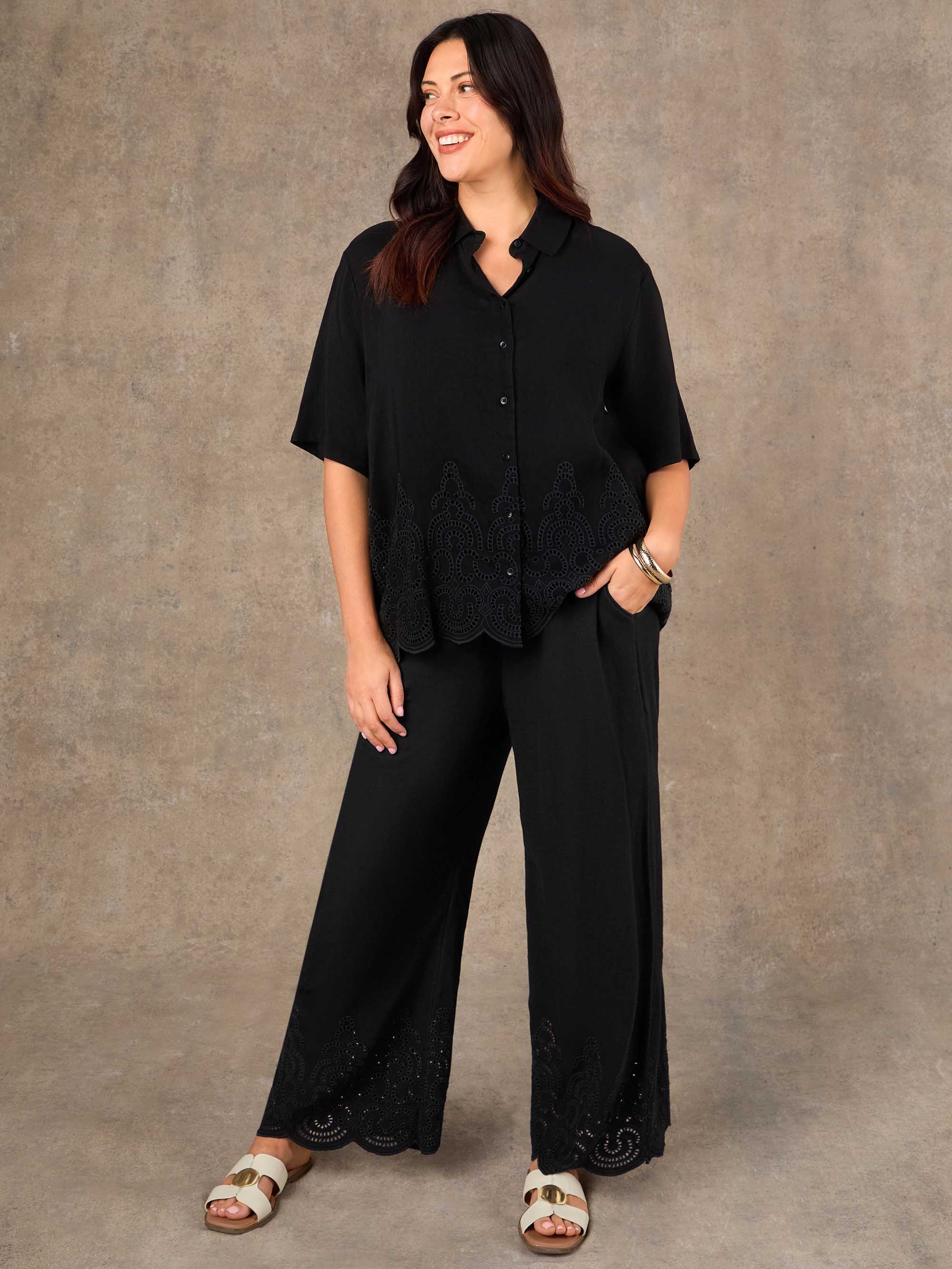 Petite Black Linen Blend Broderie Trouser - Image 2