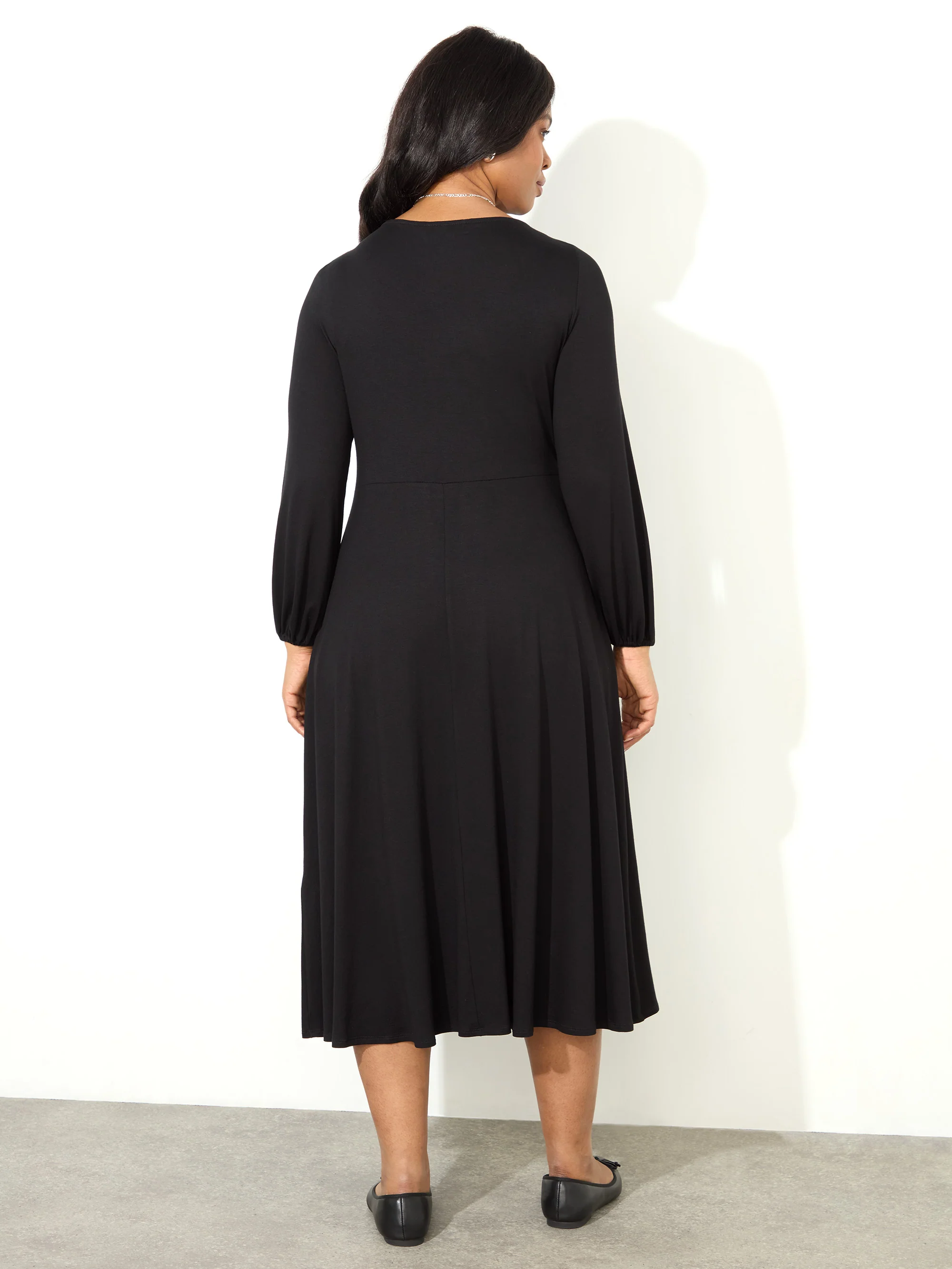 Petite Black Pleated Wrap With Blouson Sleeves Dress - Image 3
