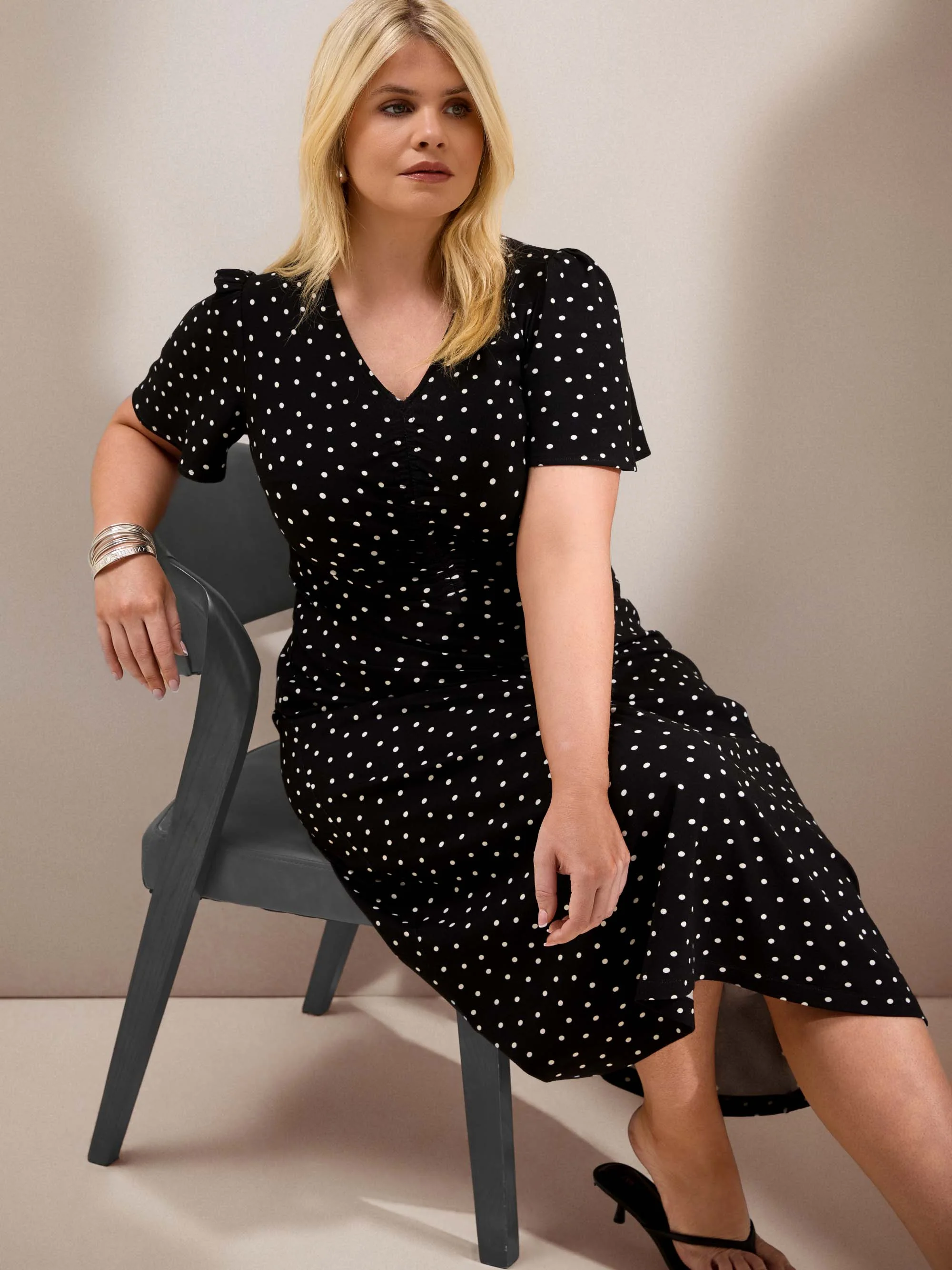 Petite Black Polka Dot Print Jersey Short Sleeve Midi Dress