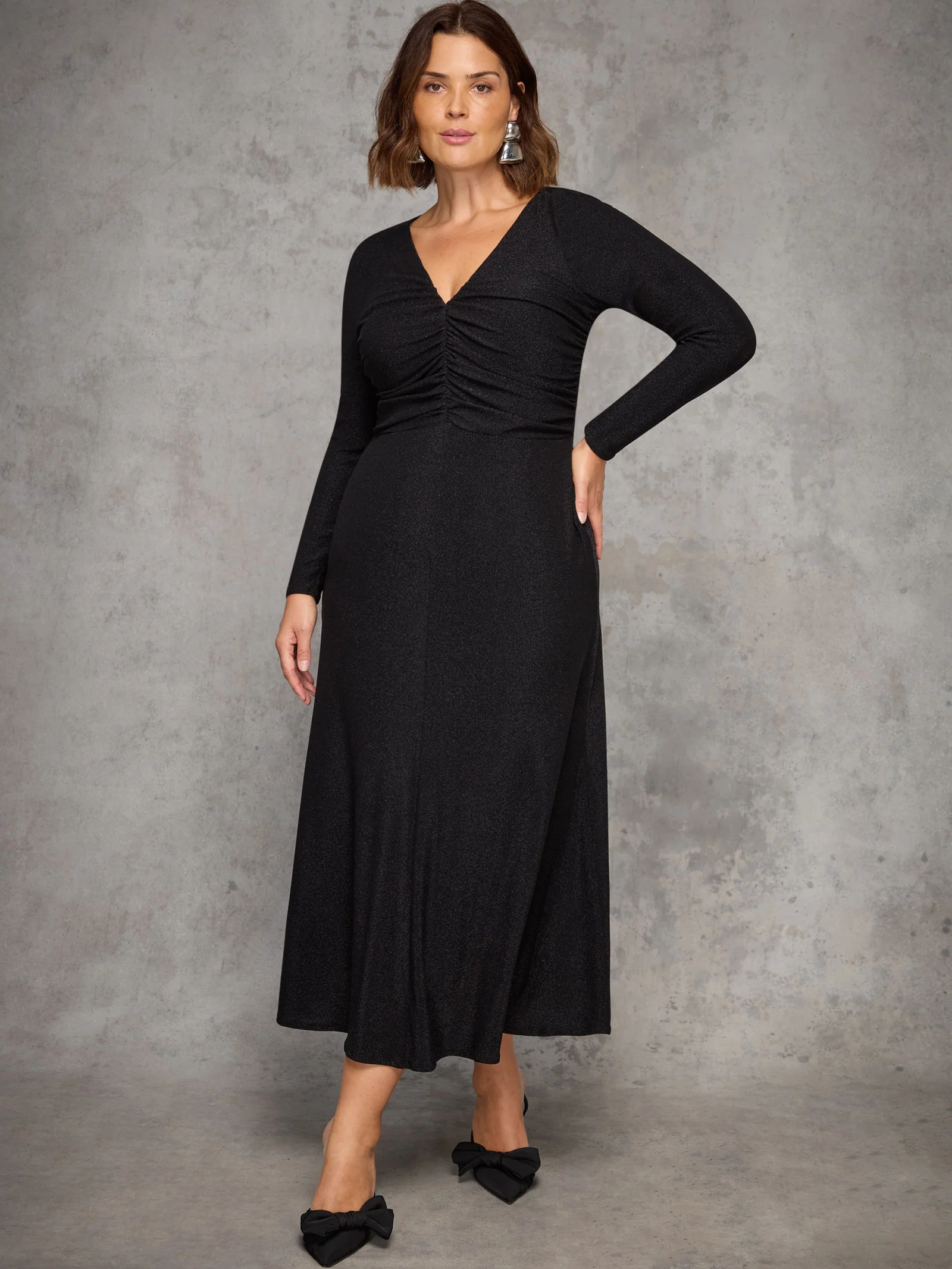 Black Sparkle Ruched Jersey Maxi Dress