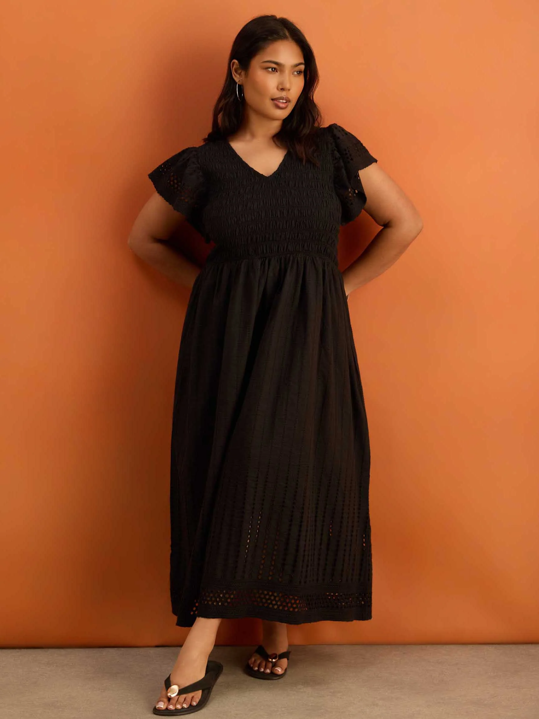 Black Shirred Broderie Cotton Midi Dress - Image 4