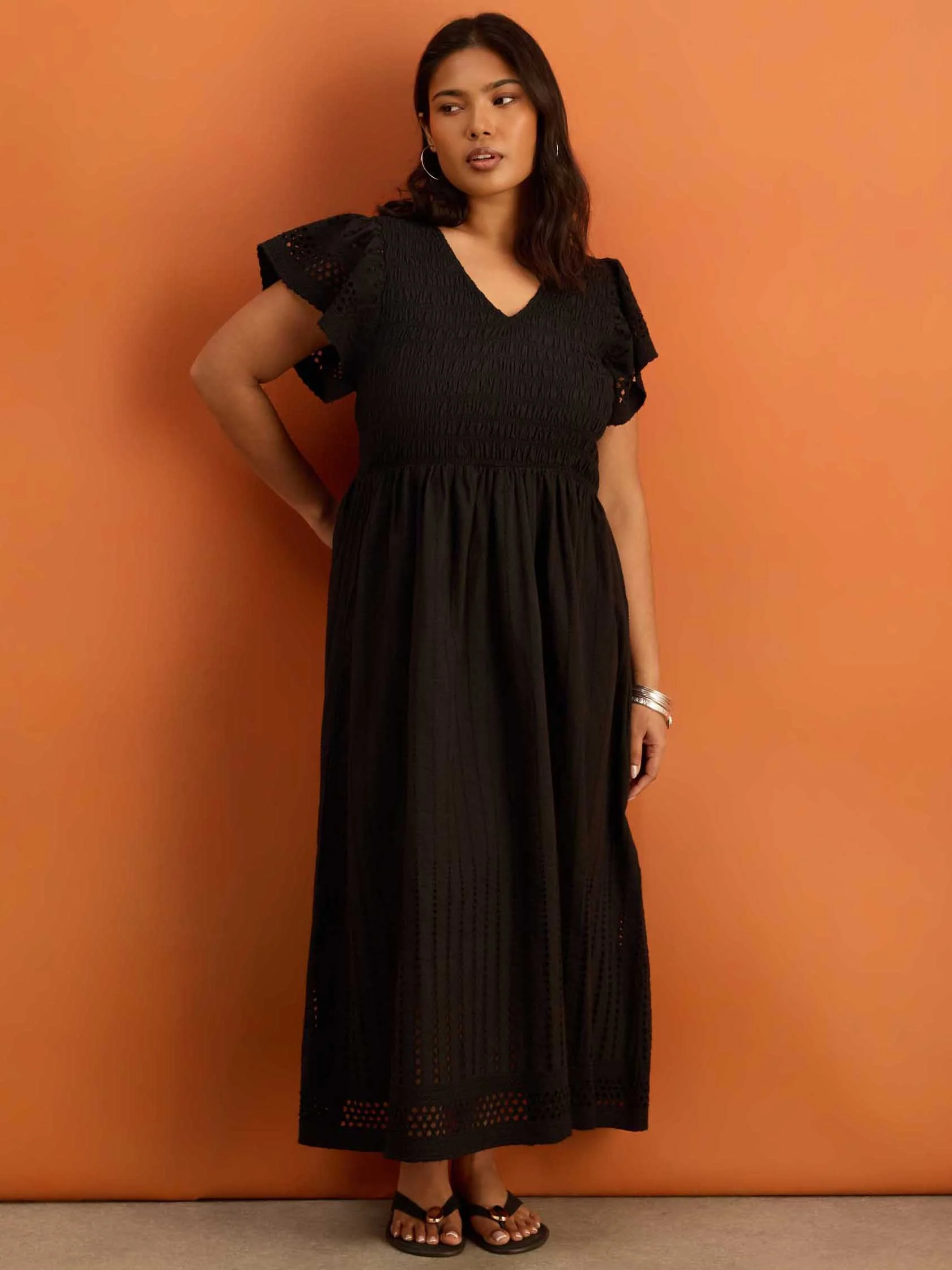 Black Shirred Broderie Cotton Midi Dress - Image 2