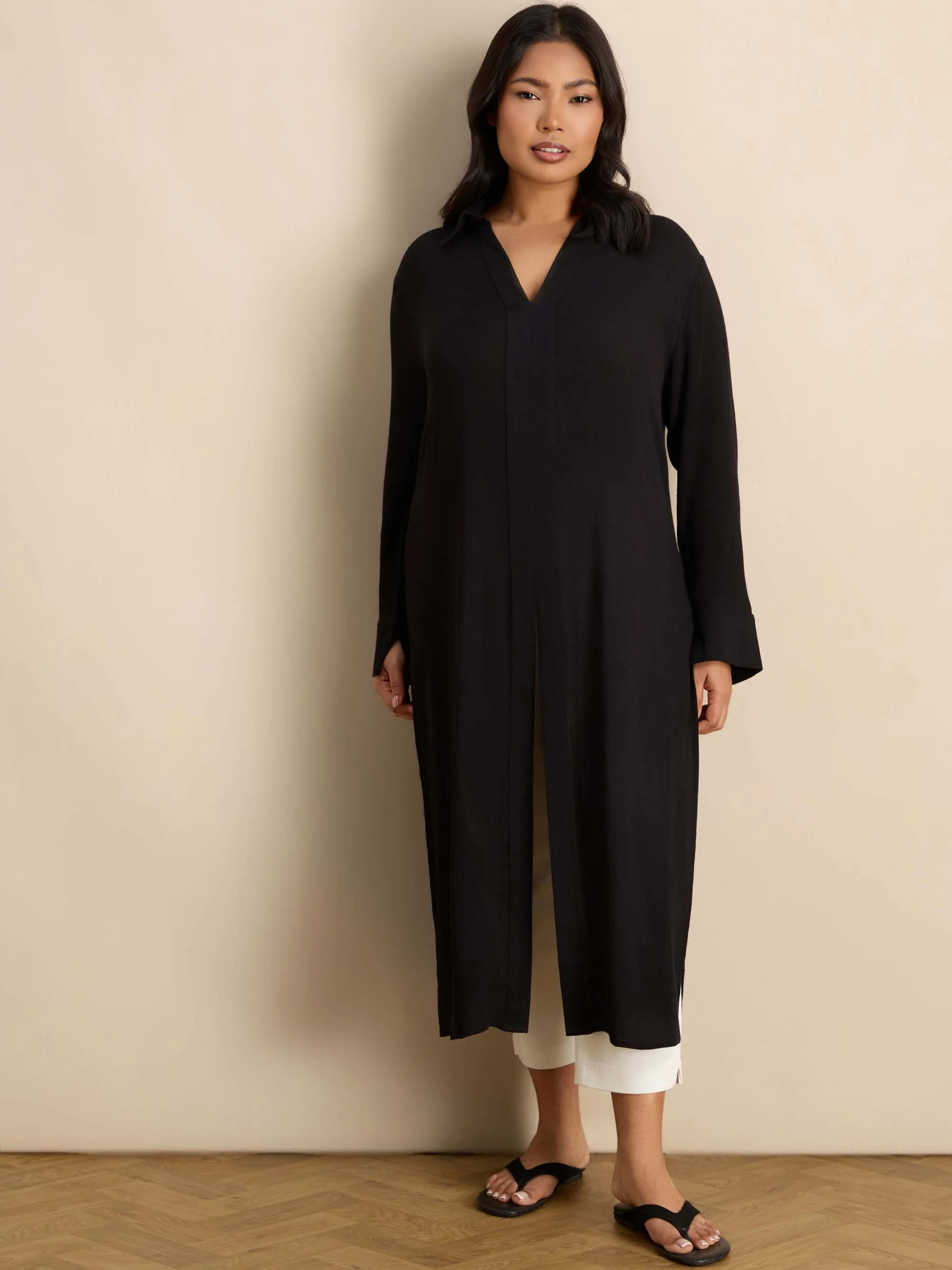 Black Split Front Crinkle Tunic - Image 2