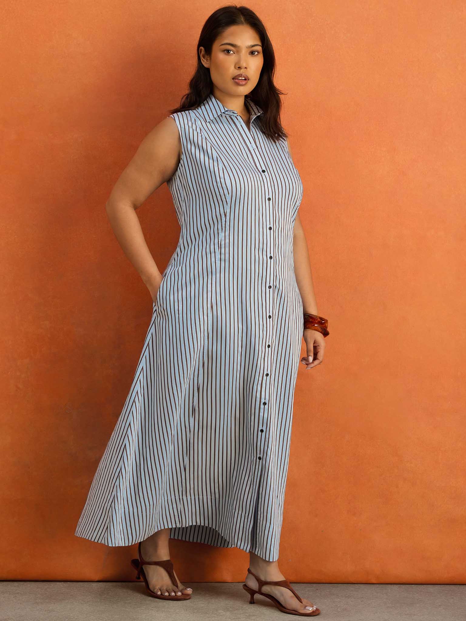 Petite Blue And Chocolate Stripe Maxi Shirt Dress - Image 3