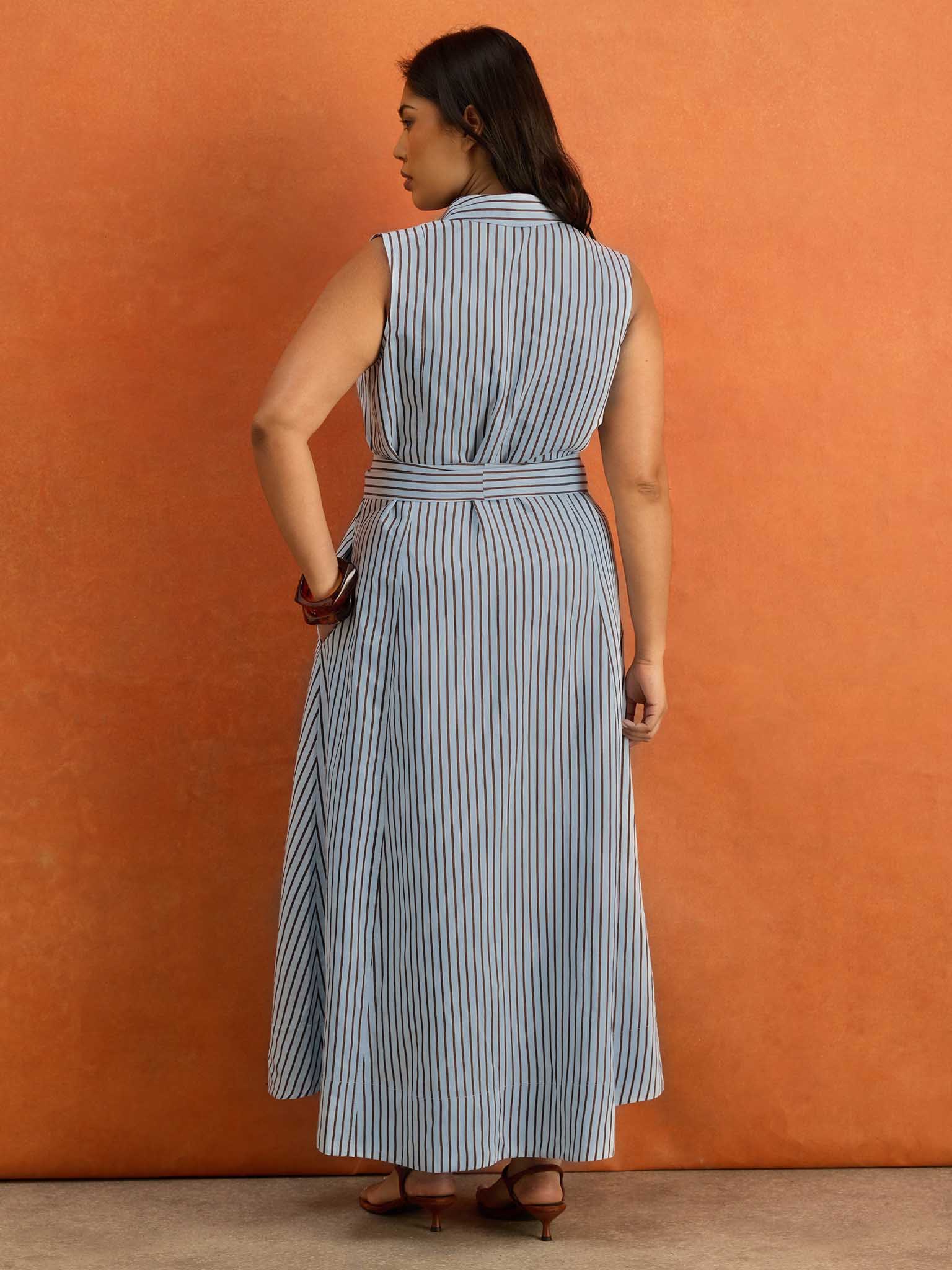 Petite Blue And Chocolate Stripe Maxi Shirt Dress - Image 7