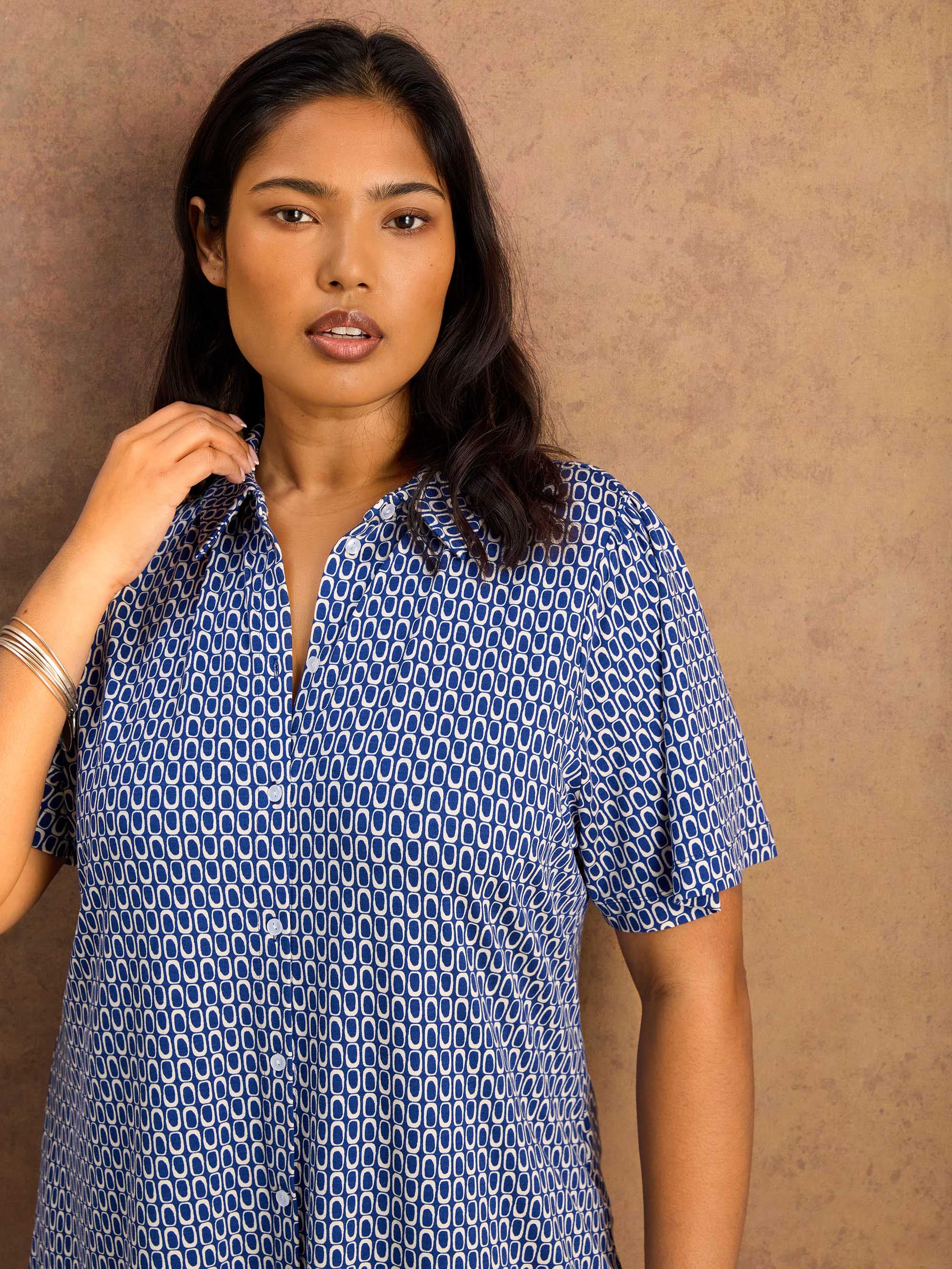 Petite Blue Geo Print Short Sleeve Jersey Shirt - Image 2