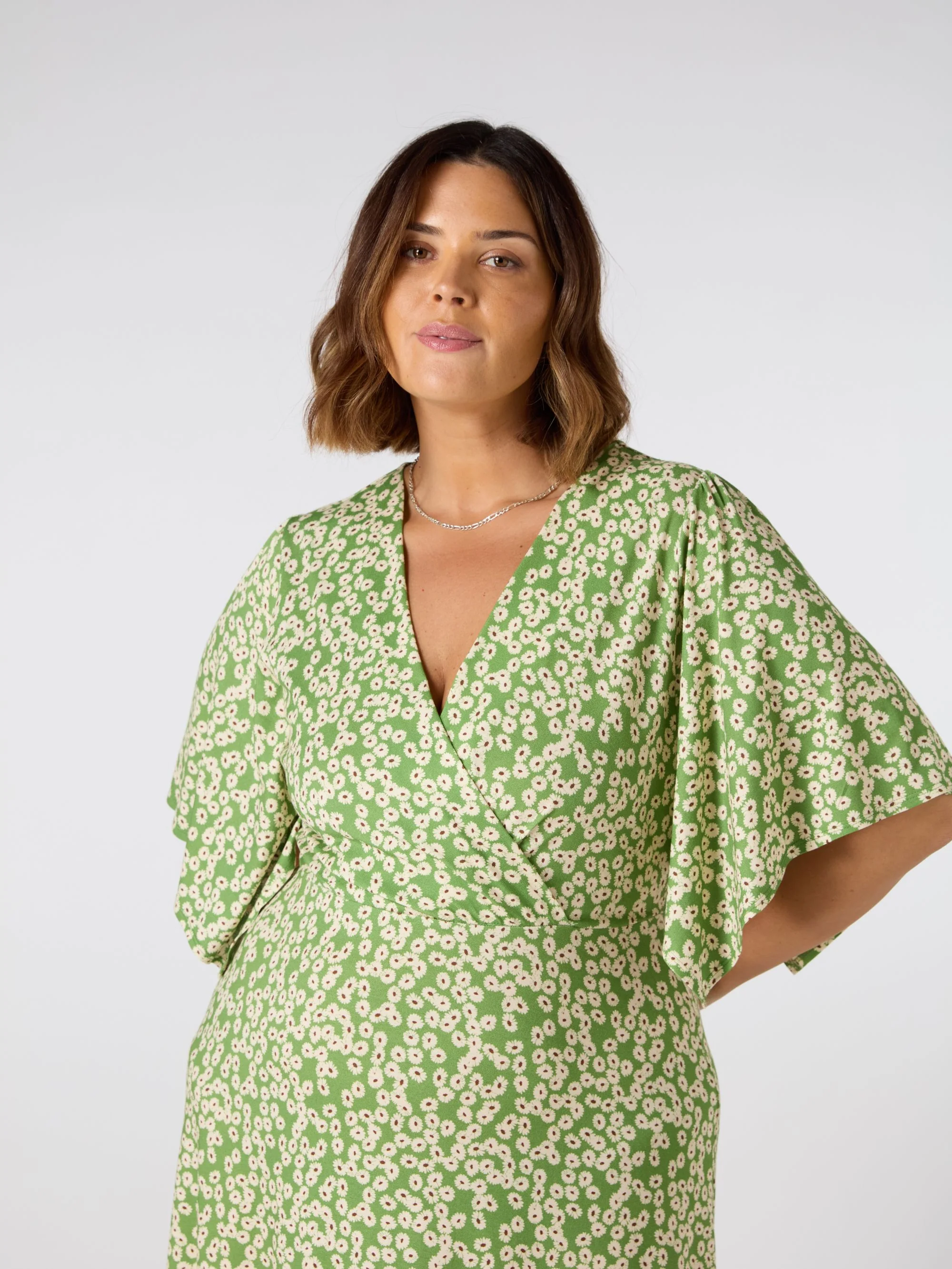Green Ditsy Jersey Angel Sleeve Wrap Dress - Image 4