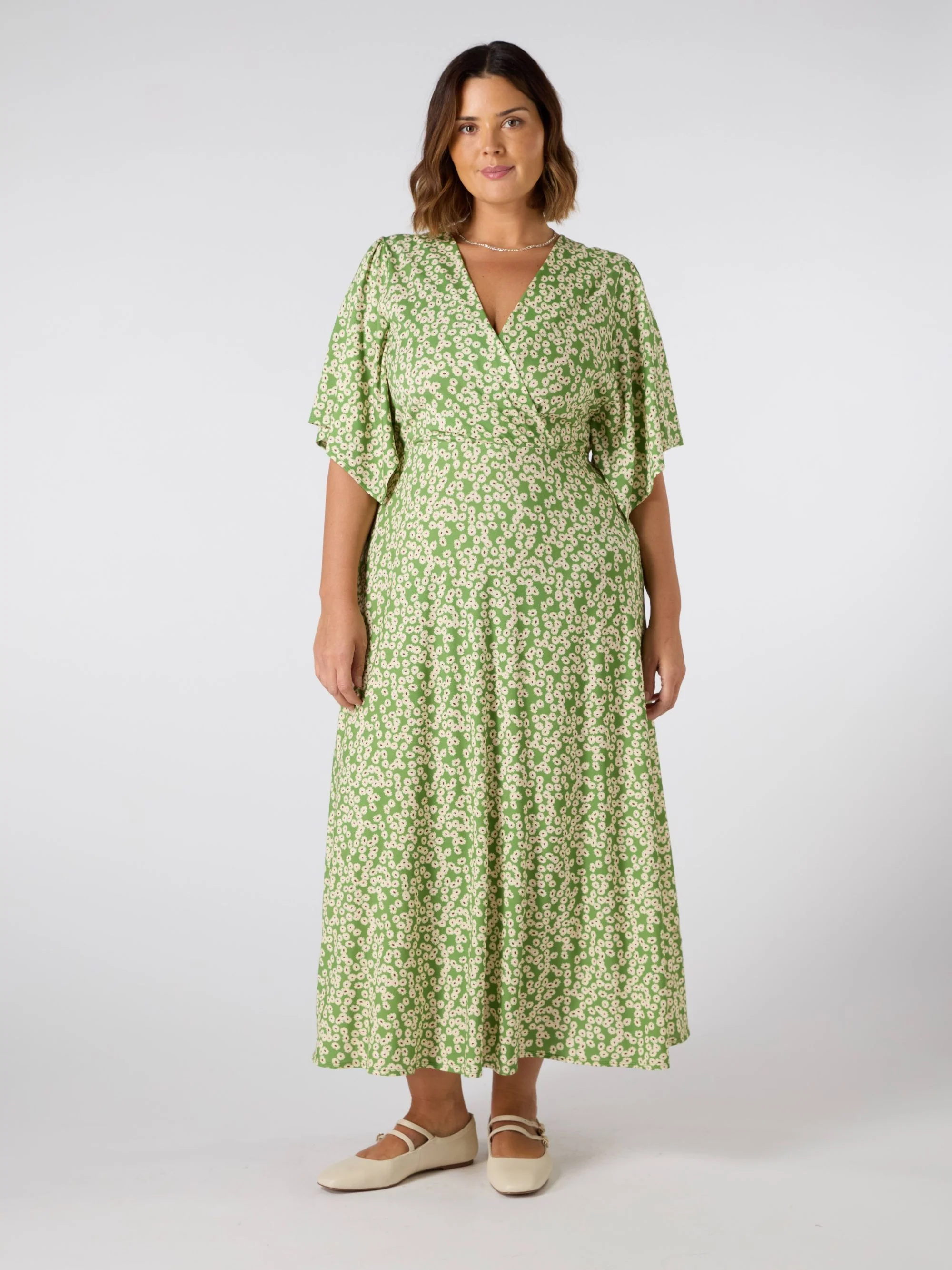 Green Ditsy Jersey Angel Sleeve Wrap Dress - Image 3