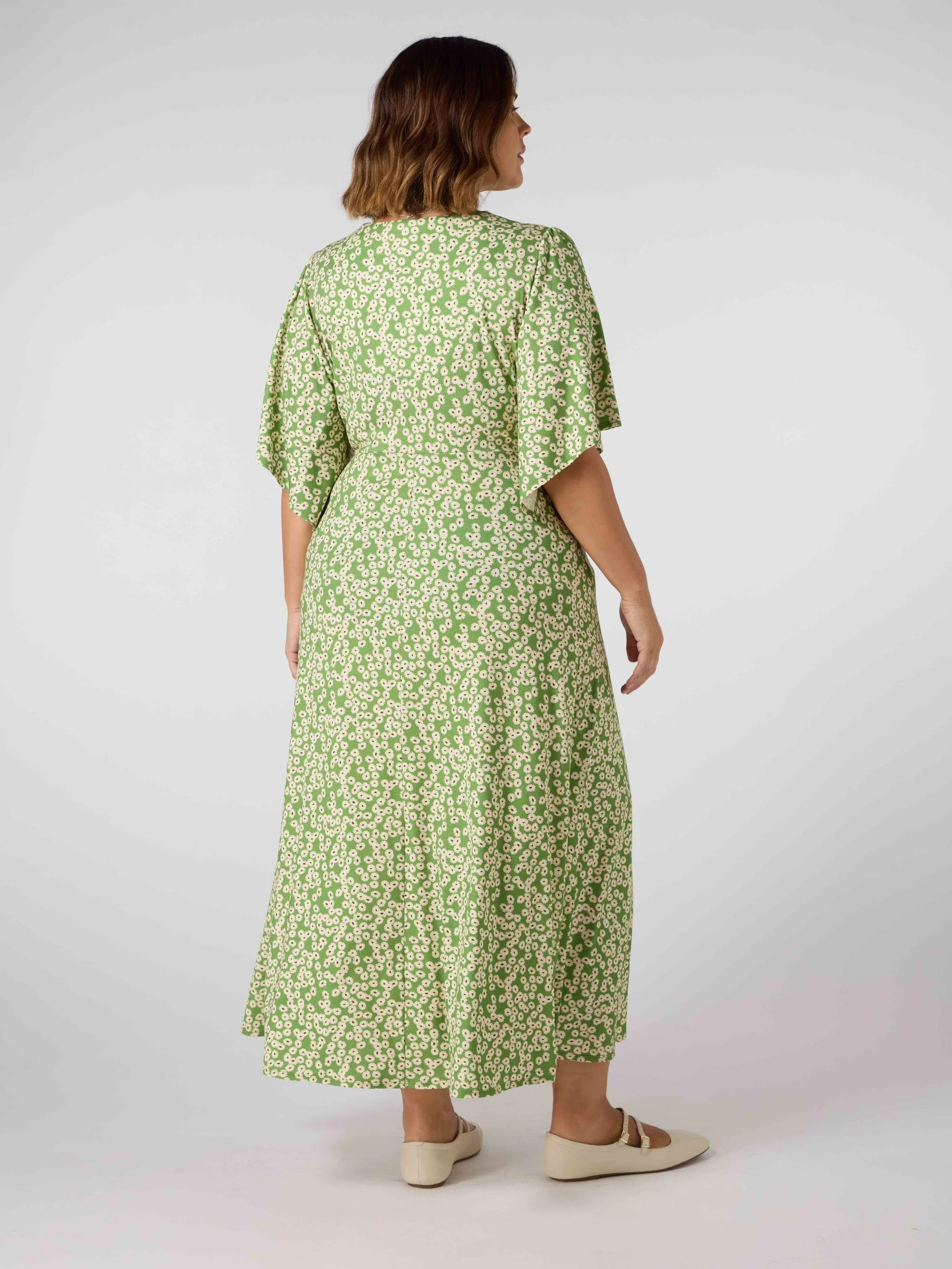 Green Ditsy Jersey Angel Sleeve Wrap Dress - Image 5