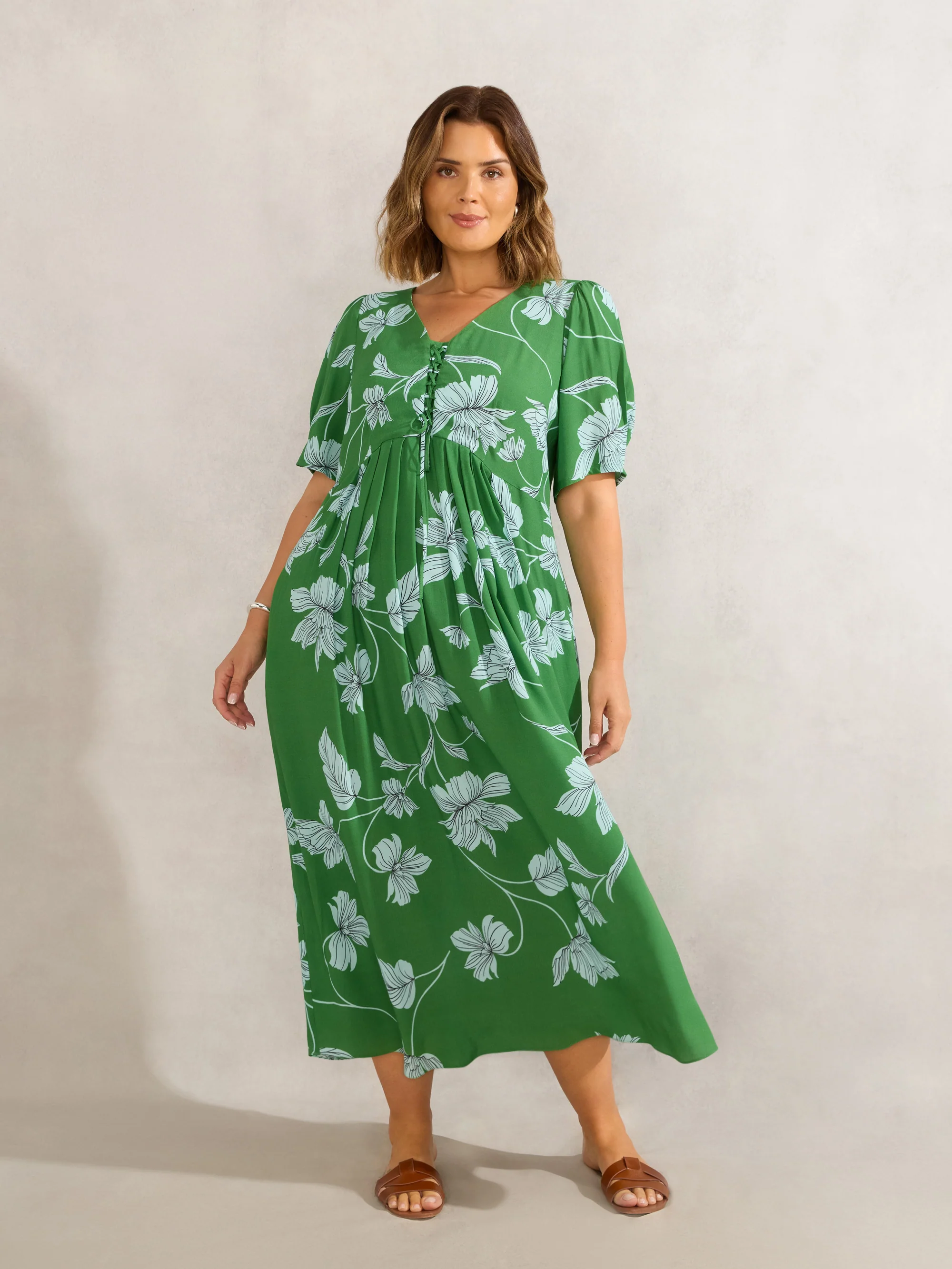 Green Floral Print Short Sleeve Lace Up Dress - Image 6
