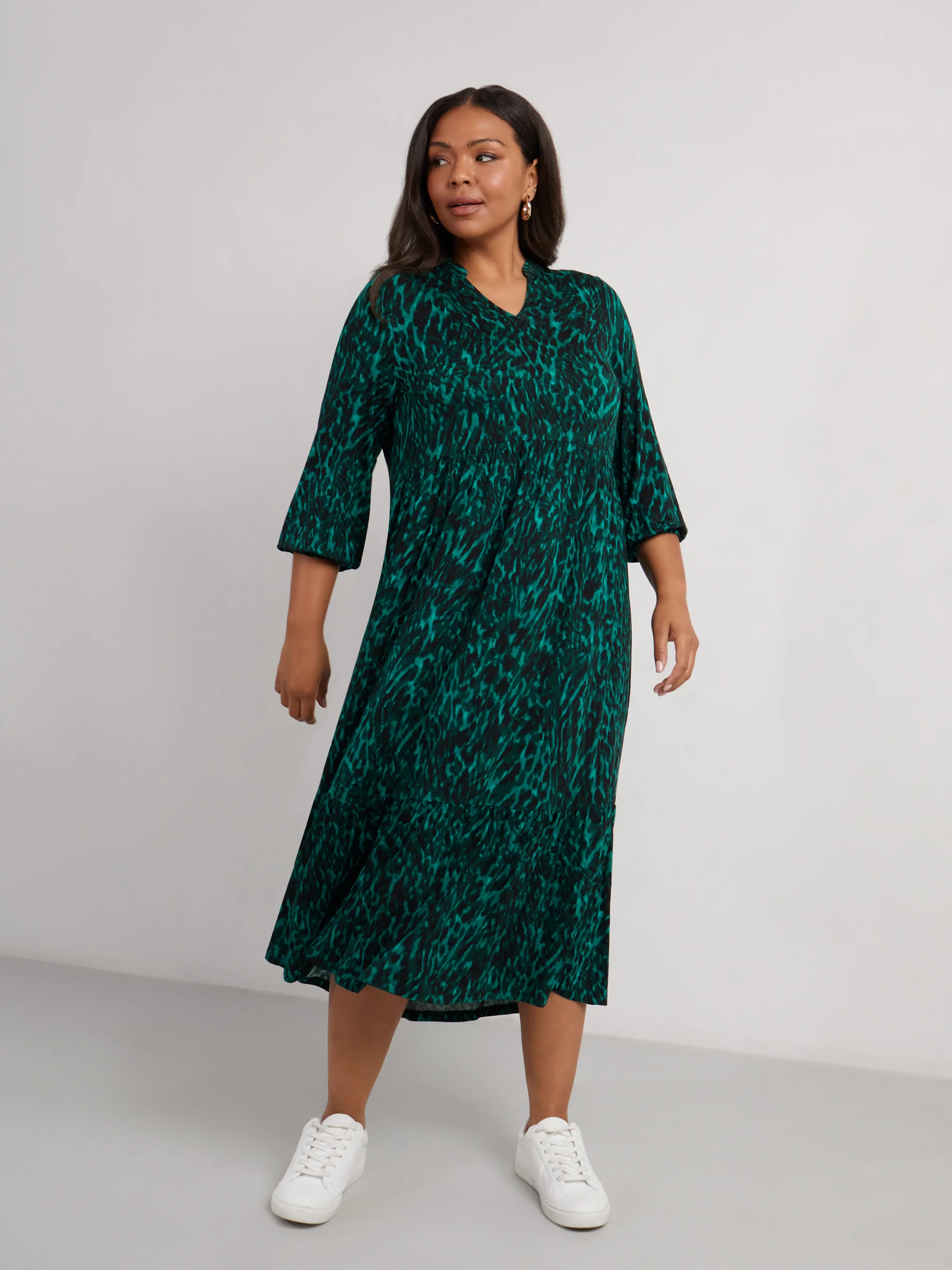 Petite Green Leopard Jersey Nehru Collar Midi Dress - Image 3