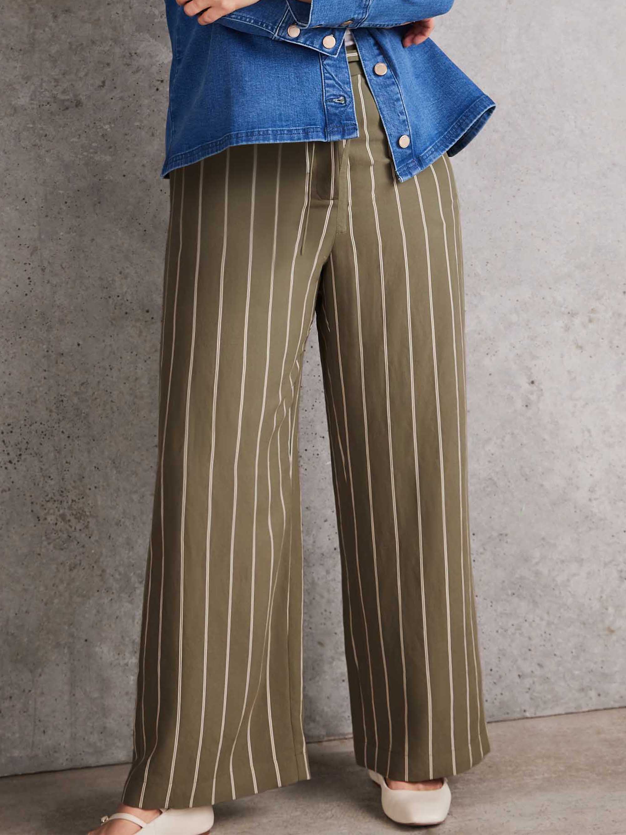 Petite Khaki Striped Wide Leg Belted Trouser