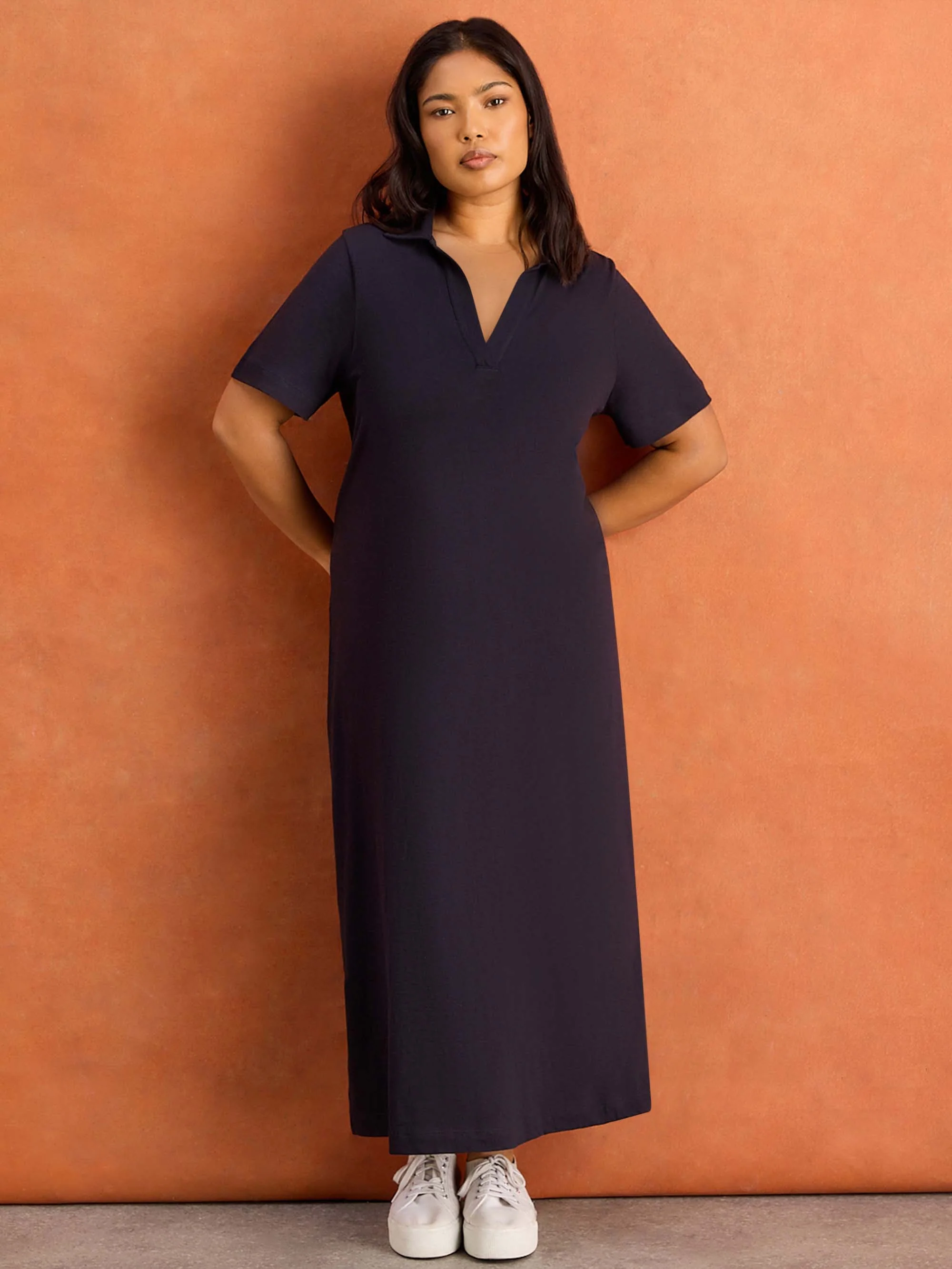 Navy Slub Jersey Polo Collared Midi Dress - Image 3