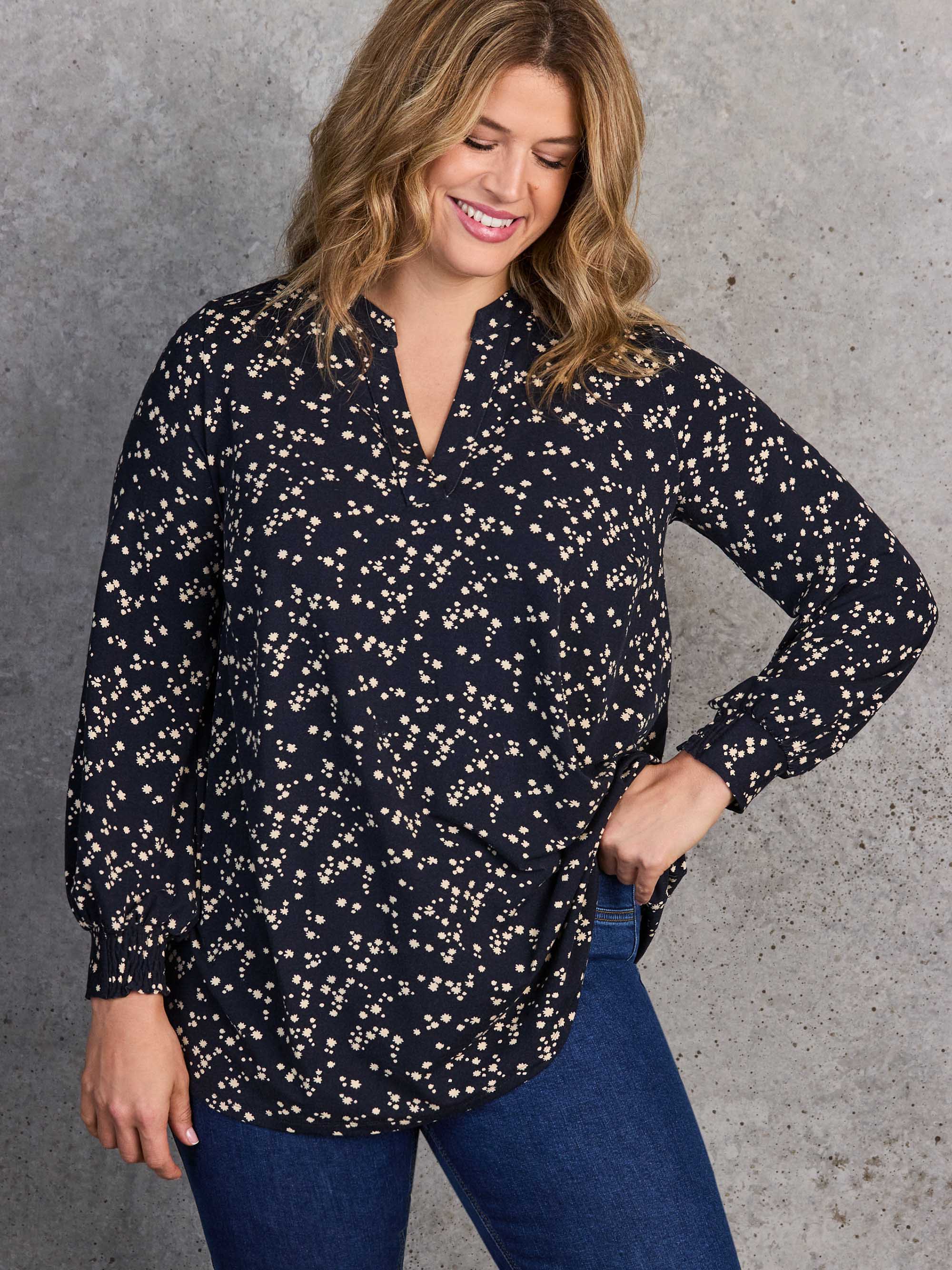 Petite Navy Ditsy Print Nehru Collar Tunic
