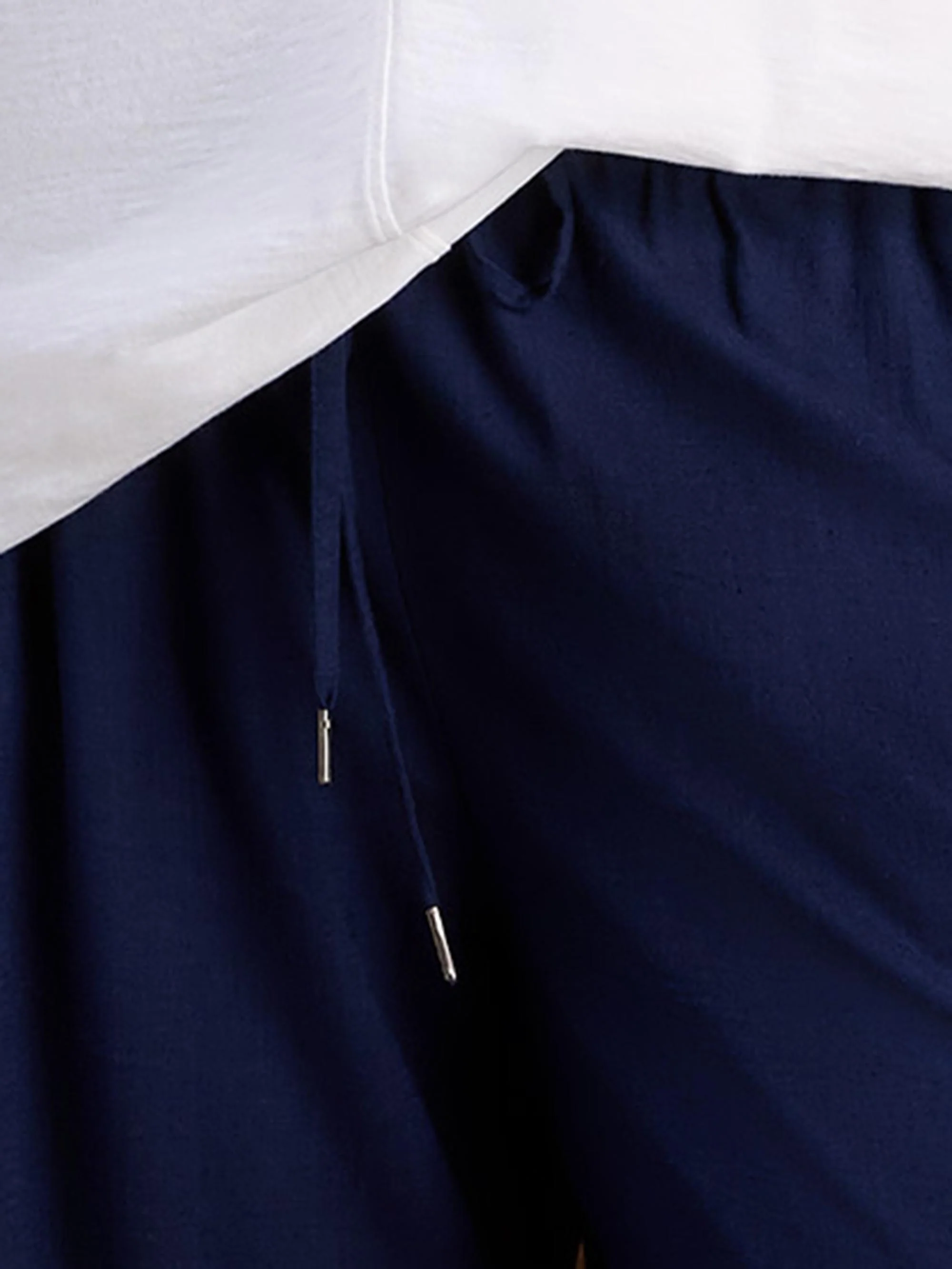 Navy Linen Blend Wide Leg Drawstring Trousers - Image 5