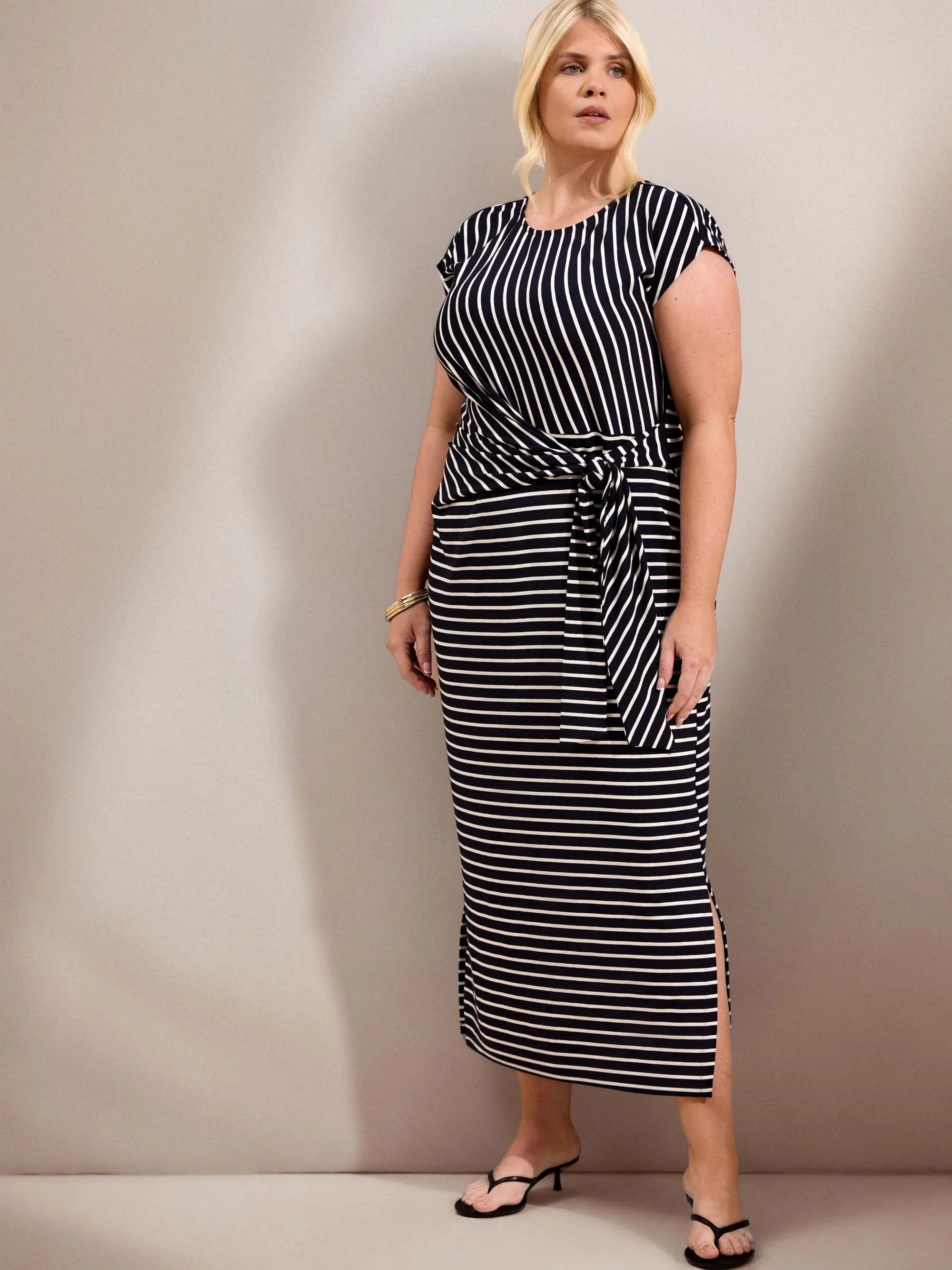 Navy Stripe Short Sleeve Tie Side Jersey Midaxi - Image 5
