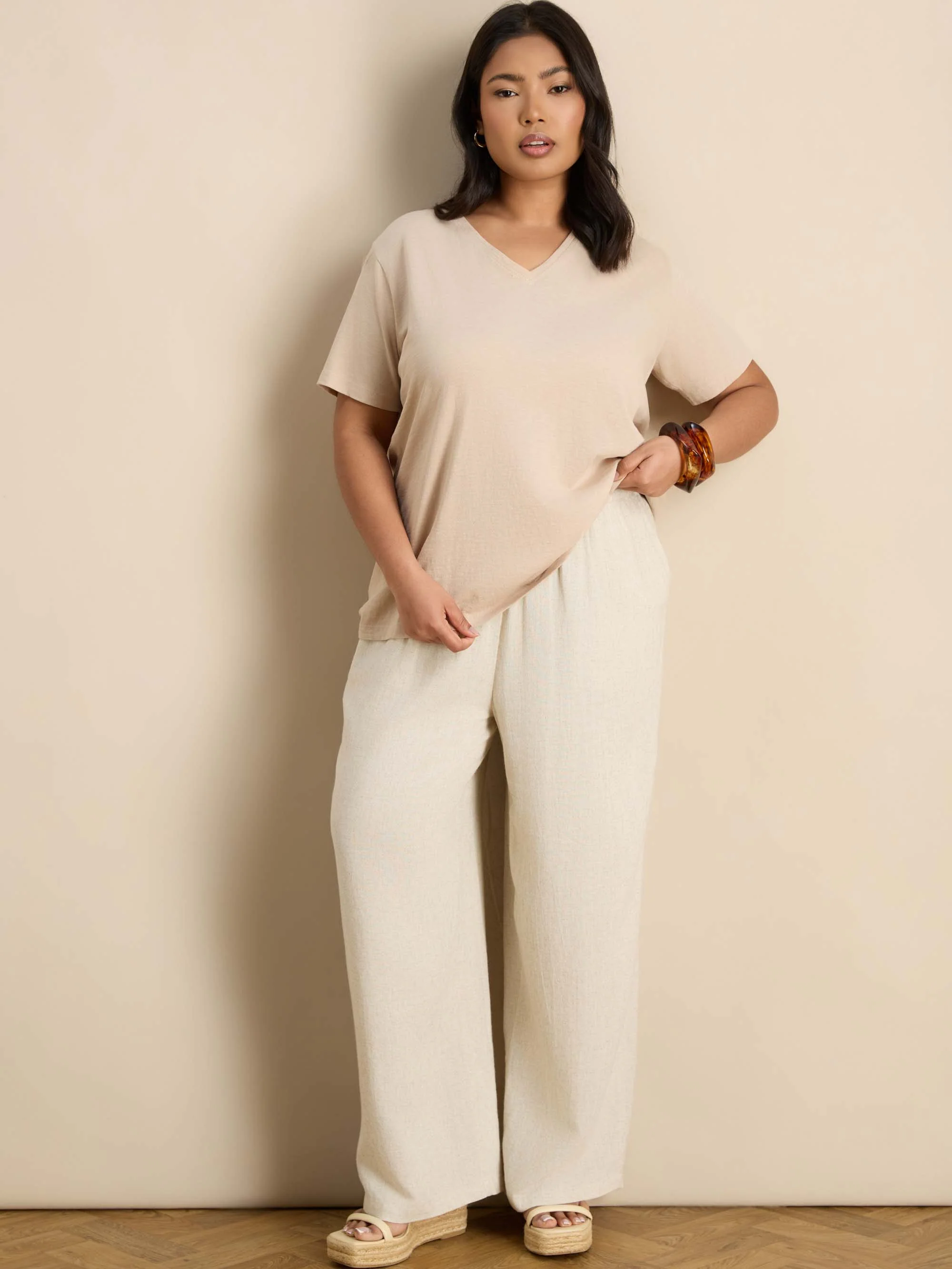 Oatmeal Linen Blend Wide Leg Drawstring Trousers - Image 4