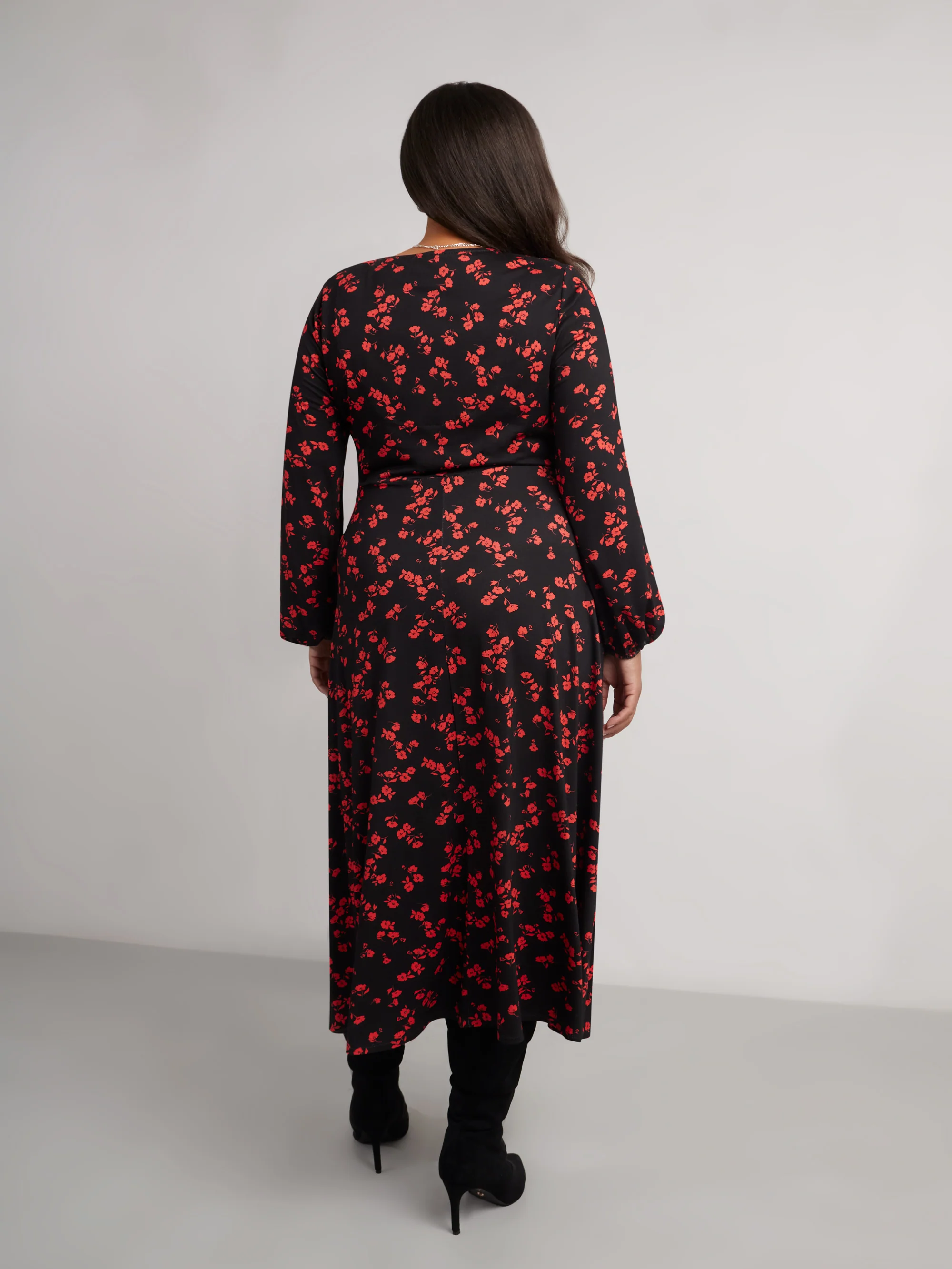 Petite Red Floral Print Jersey V-Neck Midi Dress - Image 6
