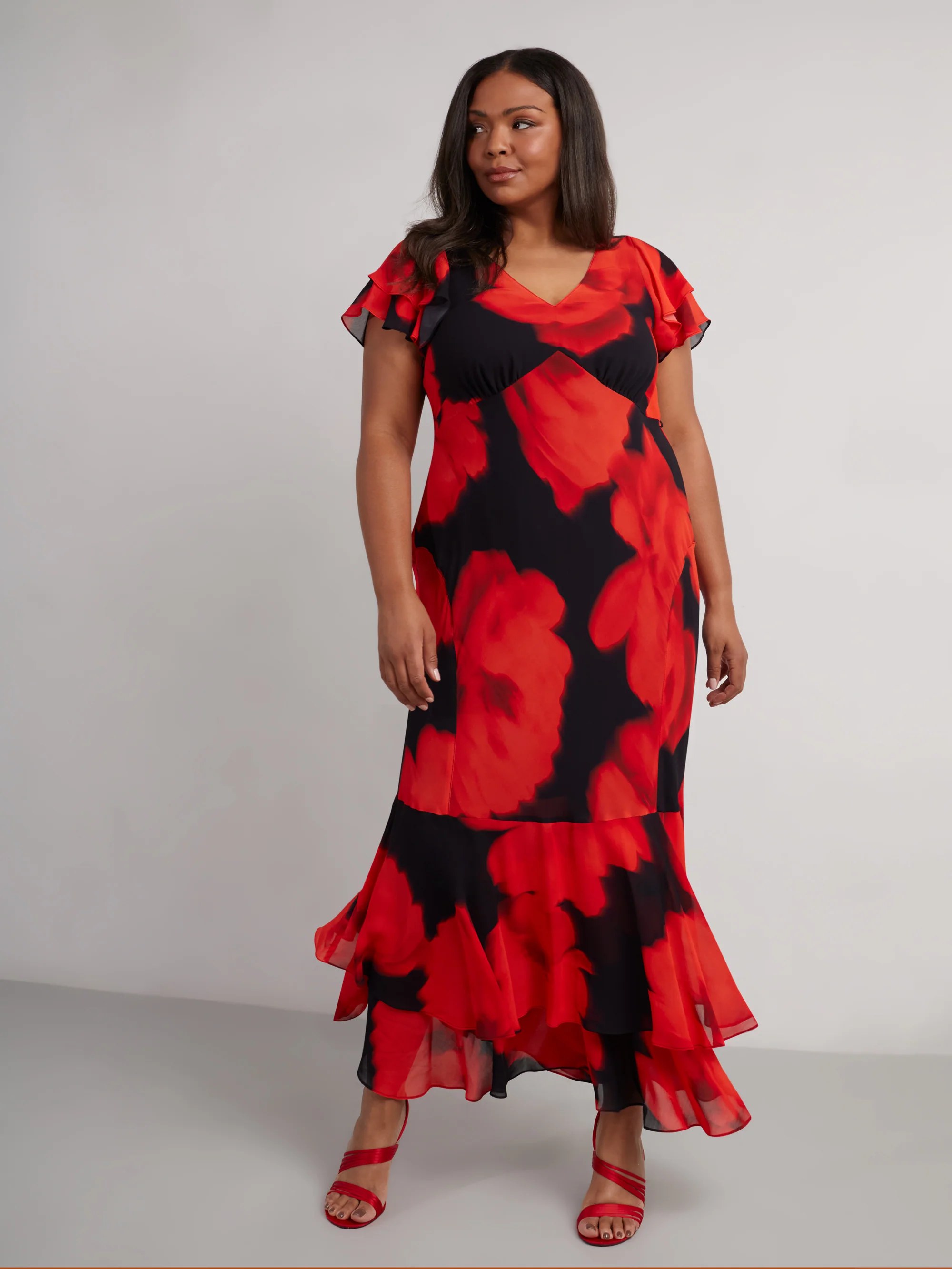 Petite Red Floral Ruffle Shoulder Maxi Dress - Image 3