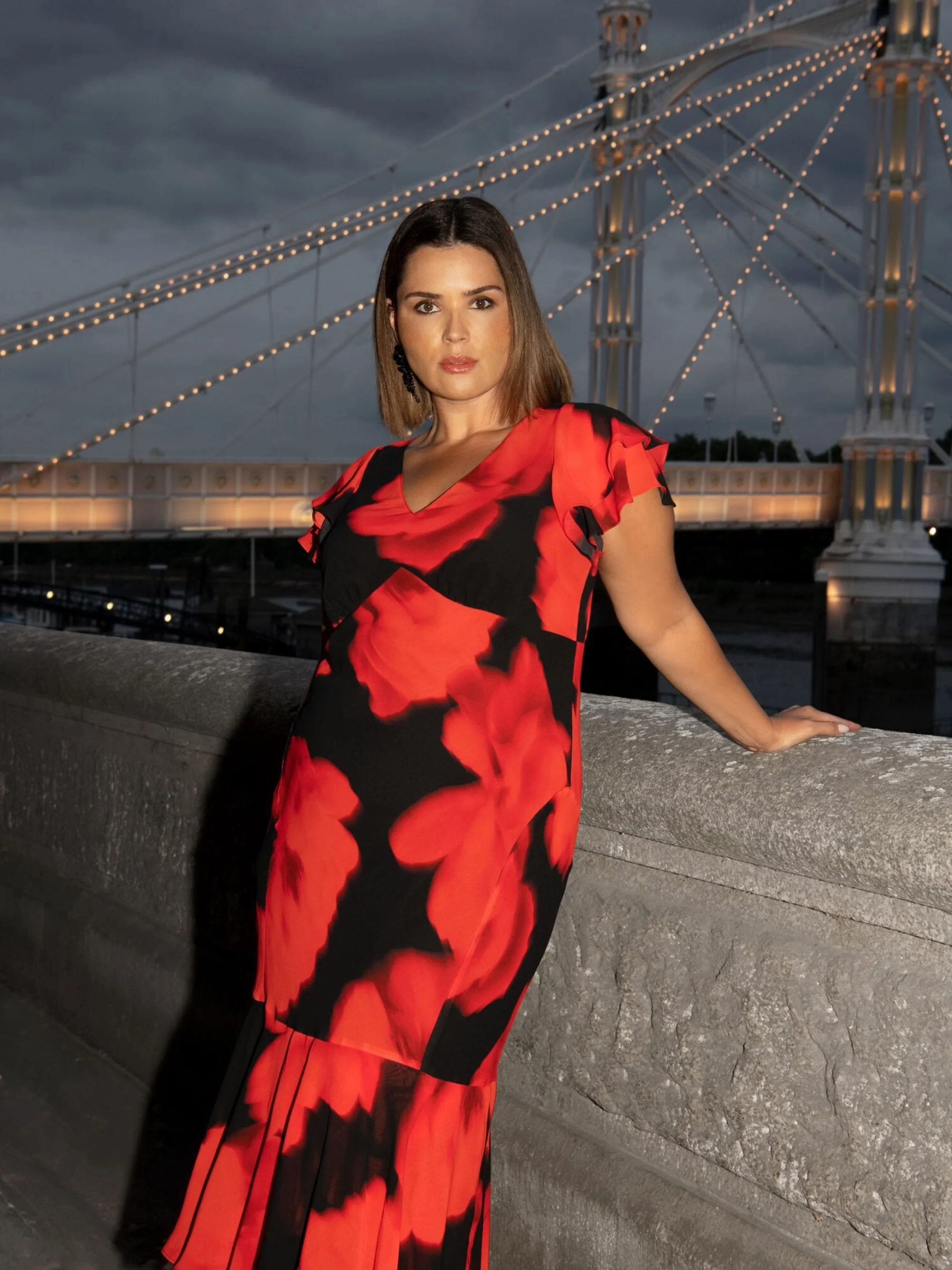 Petite Red Floral Ruffle Shoulder Maxi Dress - Image 4