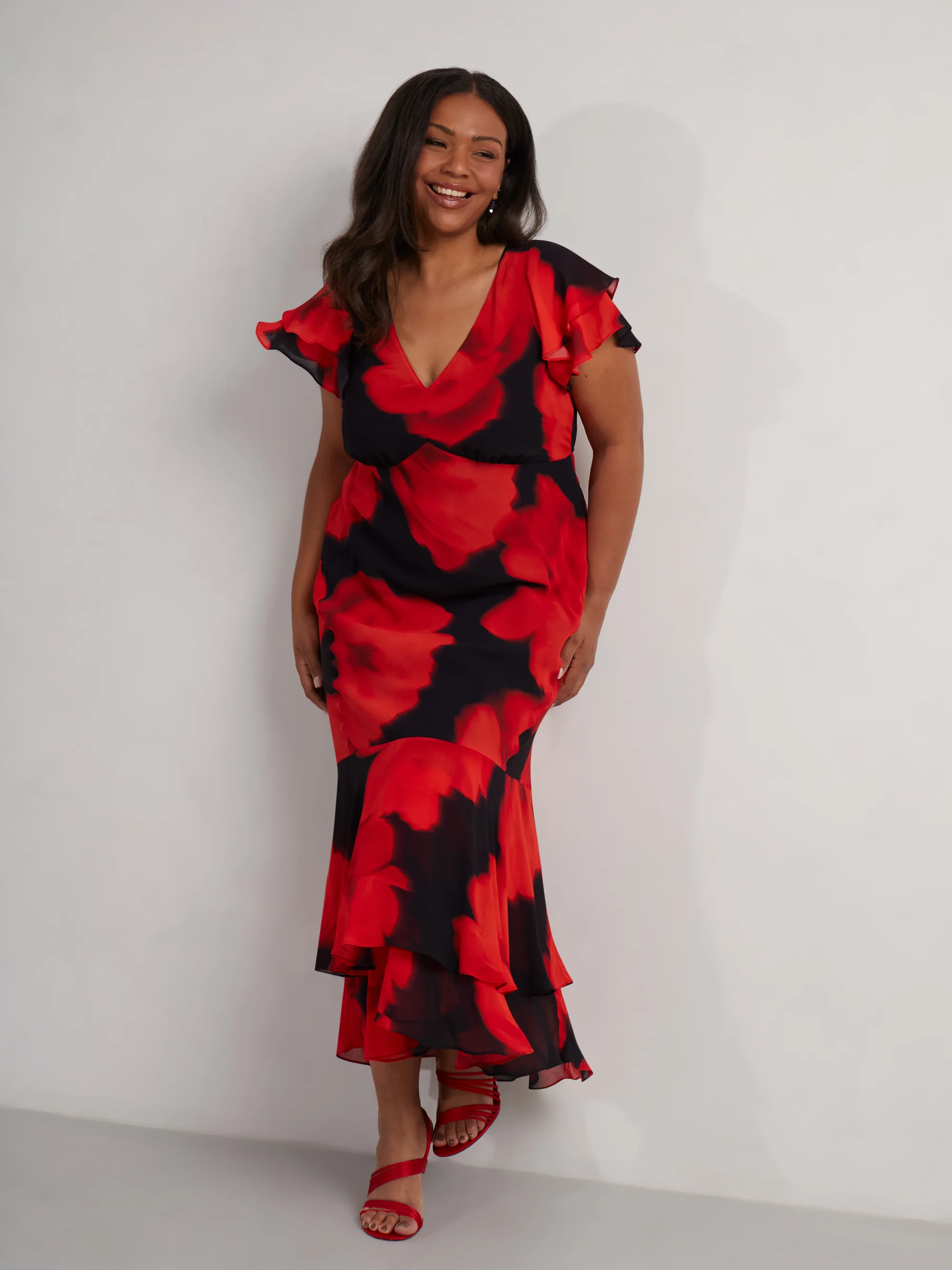 Petite Red Floral Ruffle Shoulder Maxi Dress - Image 6